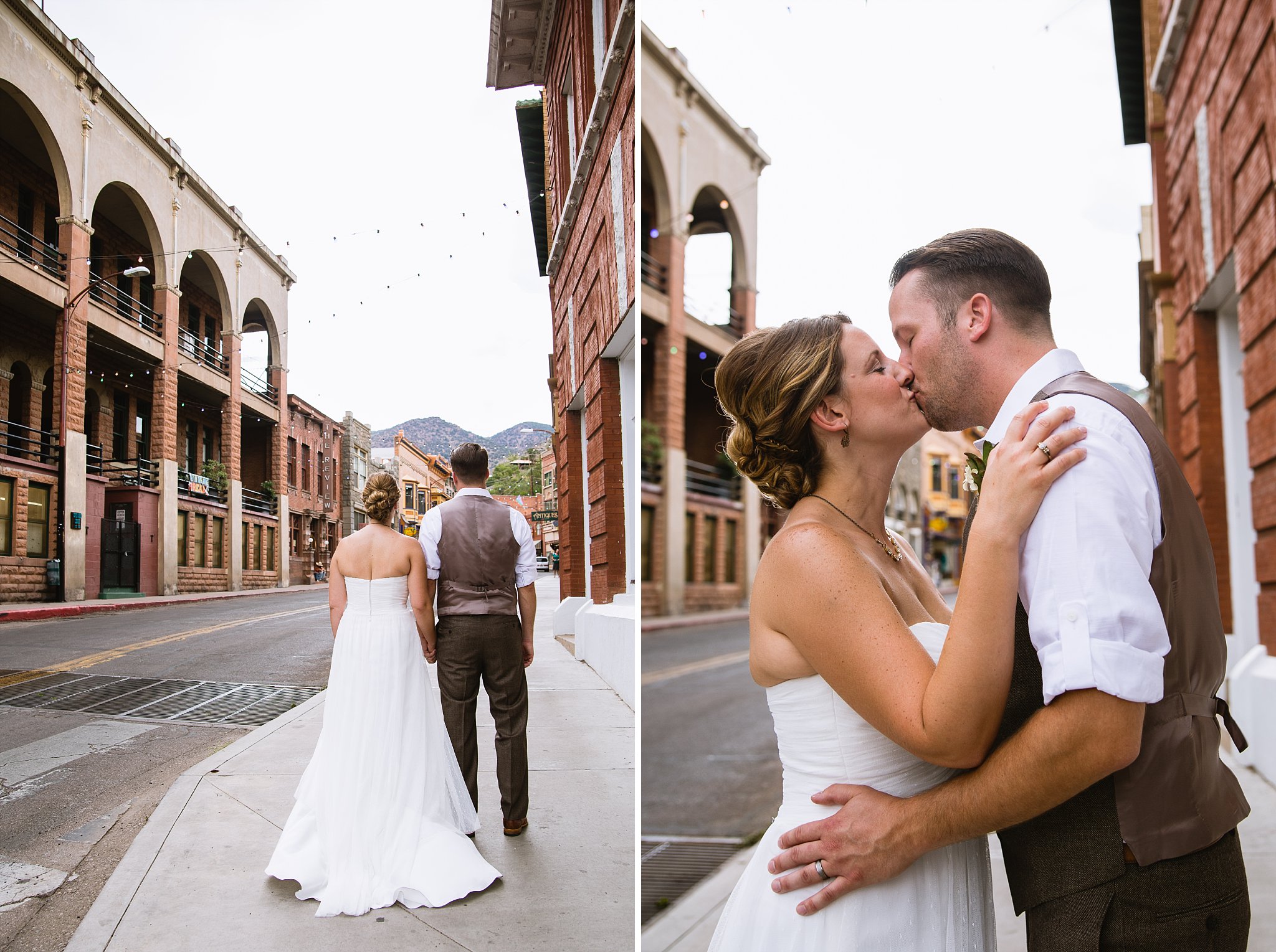 Bride and Groom at a historic Main Street in Bisbee Arizona by PMA Photography