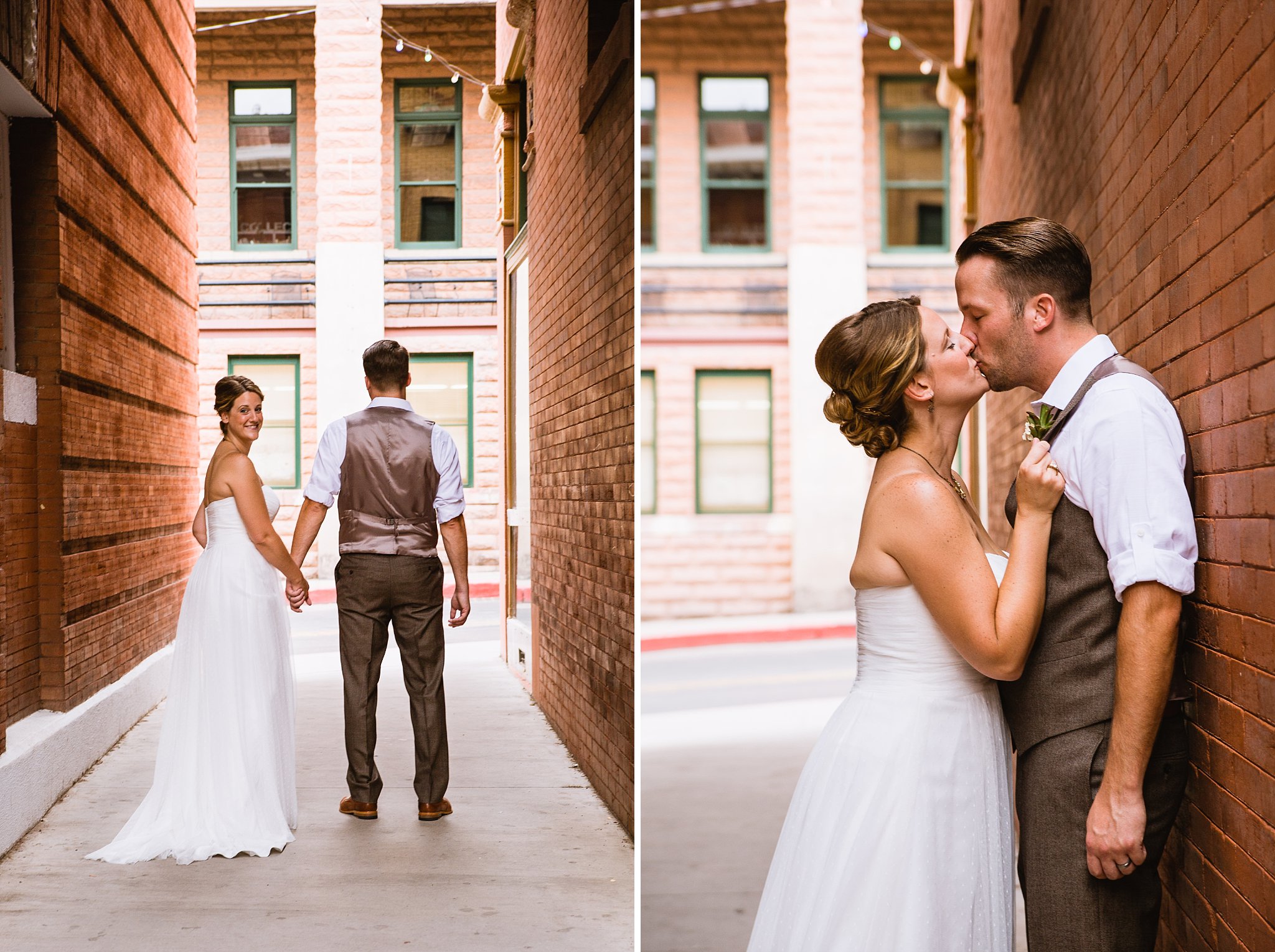 Bride and Groom in alley walkway near historic Main Street in Bisbee Arizona by PMA Photography