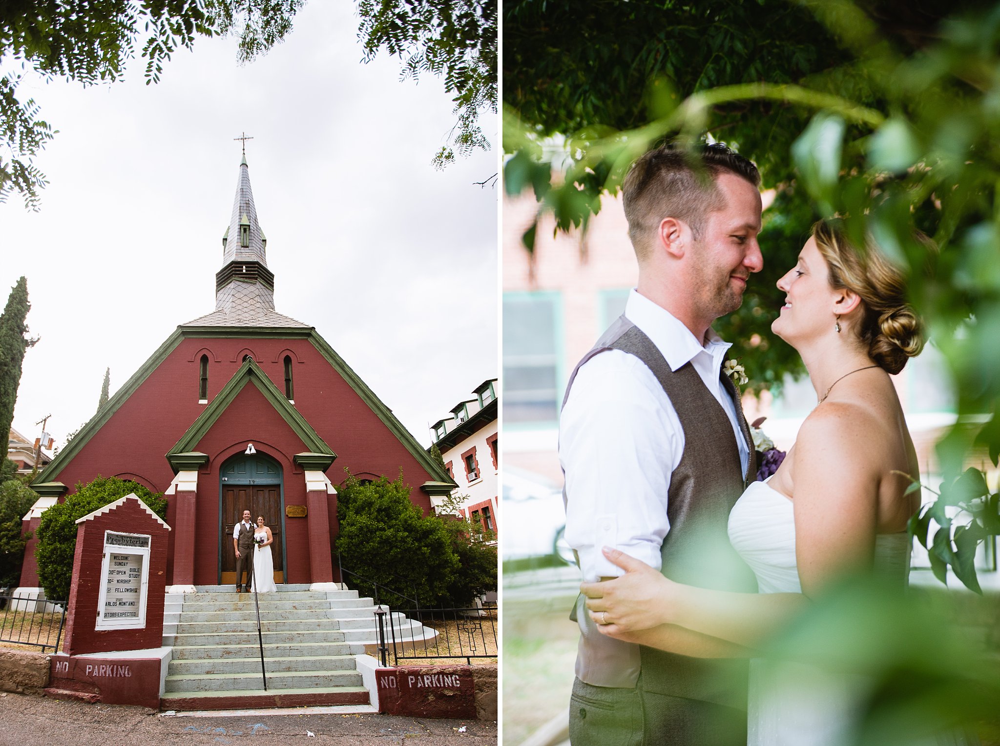 Bride and groom just married outside the 200 year hold historic church in Bisbee Arizona by PMA Photography