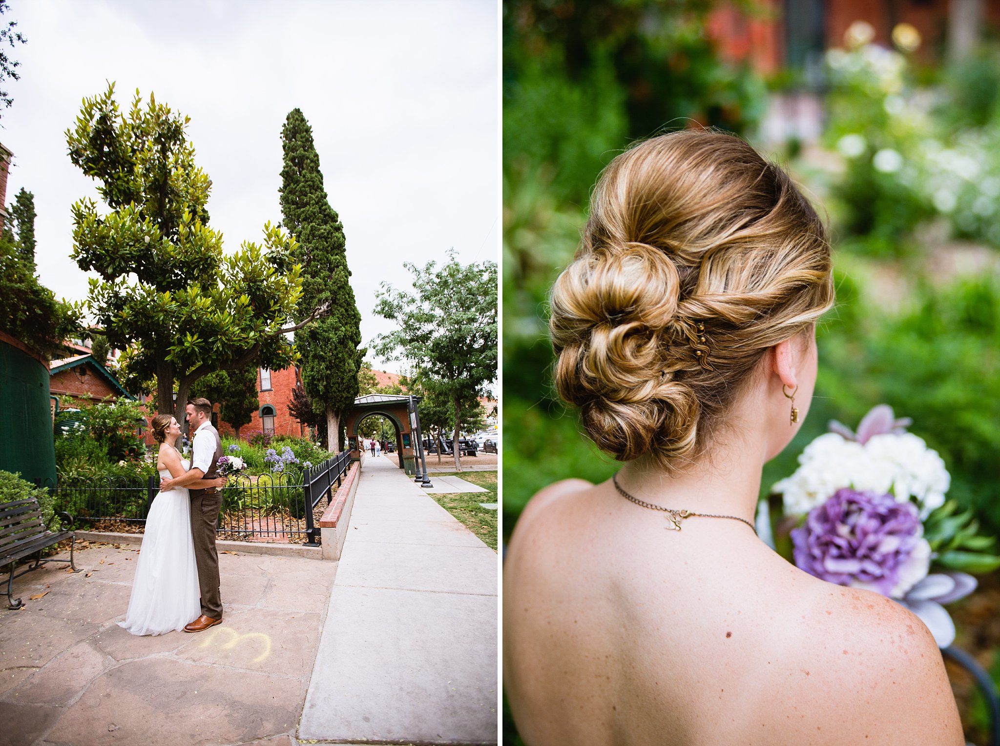 Bride and Groom at a historic garden in Bisbee Arizona by PMA Photography