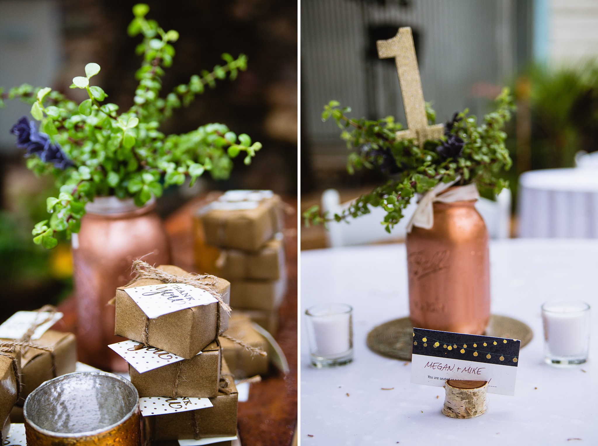 Rainy reception centerpieces, place cards, and favors at Bisbee, Arizona wedding by PMA Photography