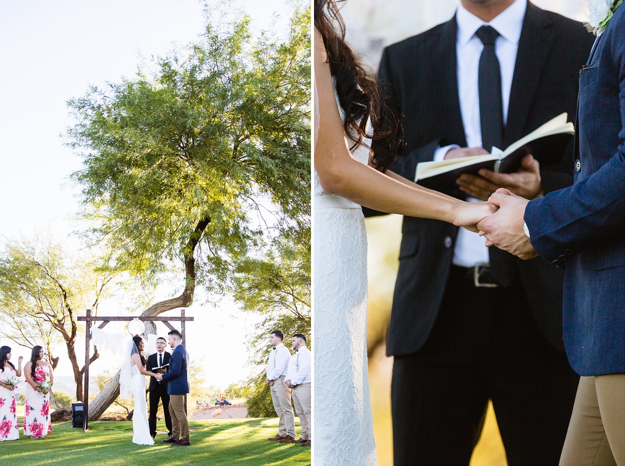 Boho wedding ceremony in front of large tree and couple holding hands at Legacy Golf Resort in Phoenix, Arizona by PMA Photography
