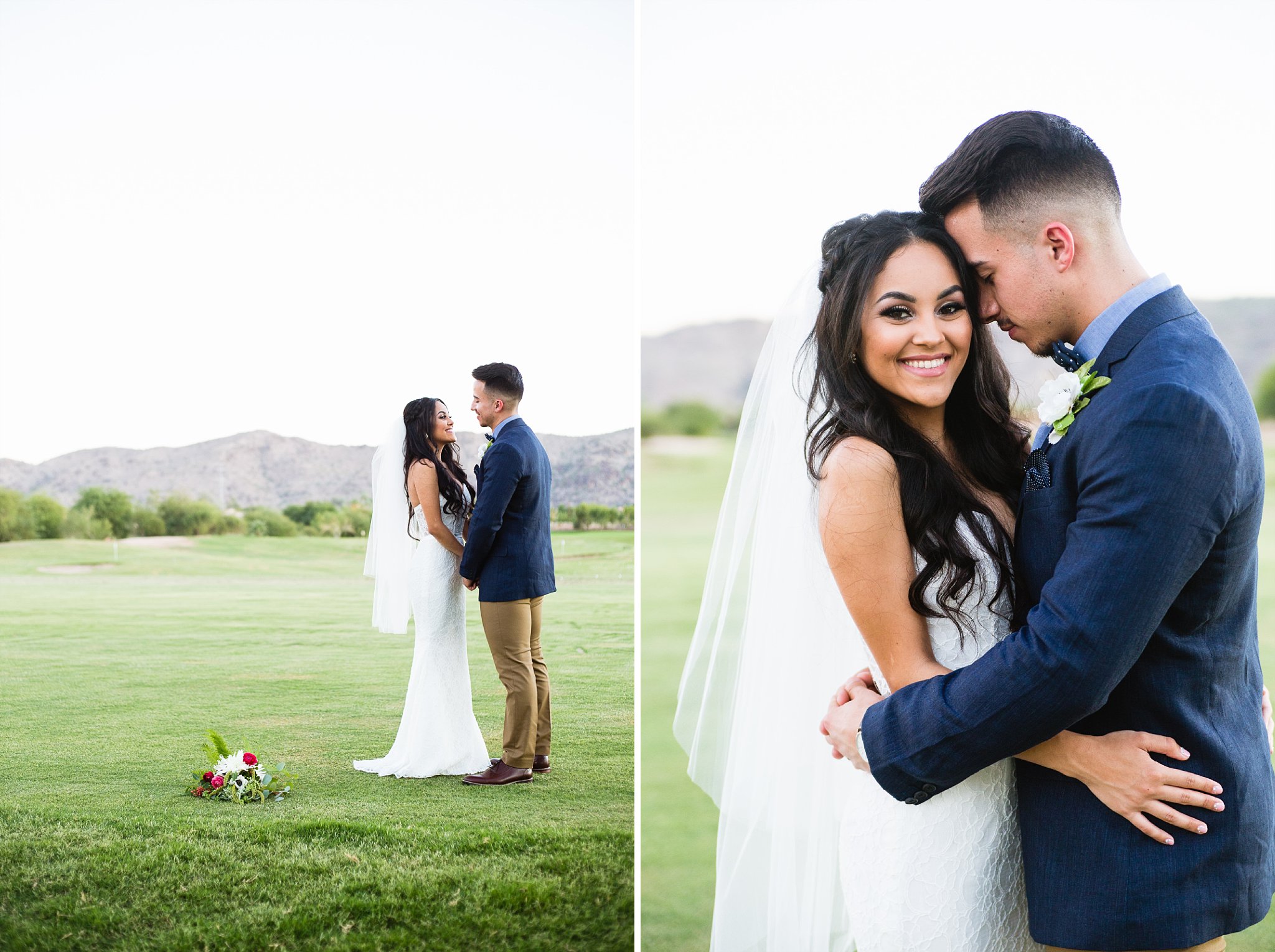 Boho bride and groom in front of South Mountain at Legacy Golf Resort in Phoenix, Arizona by PMA Photography
