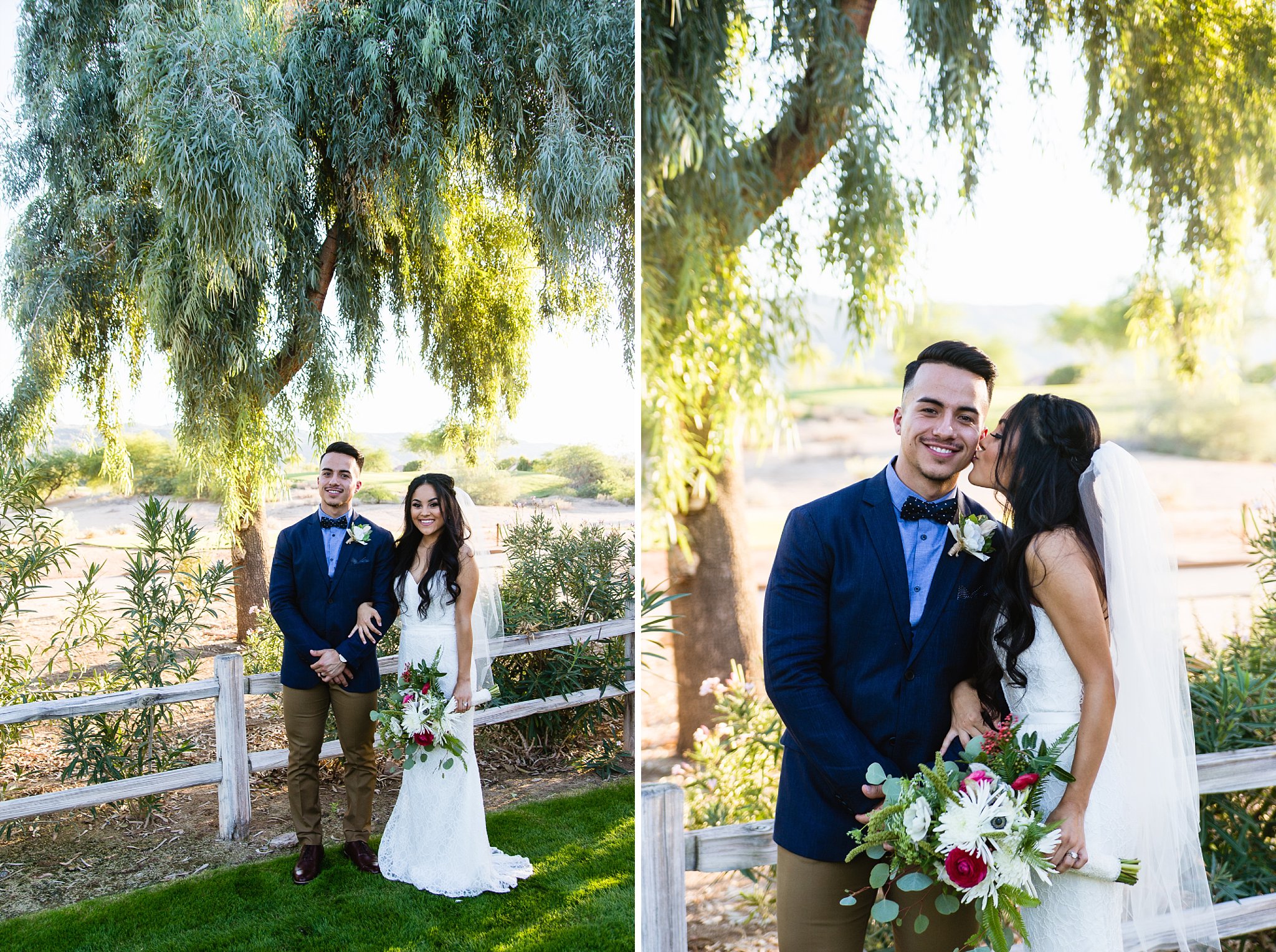 Boho Bride and groom in from of willow tree at Legacy Golf Resort in Phoenix, Arizona by PMA Photography