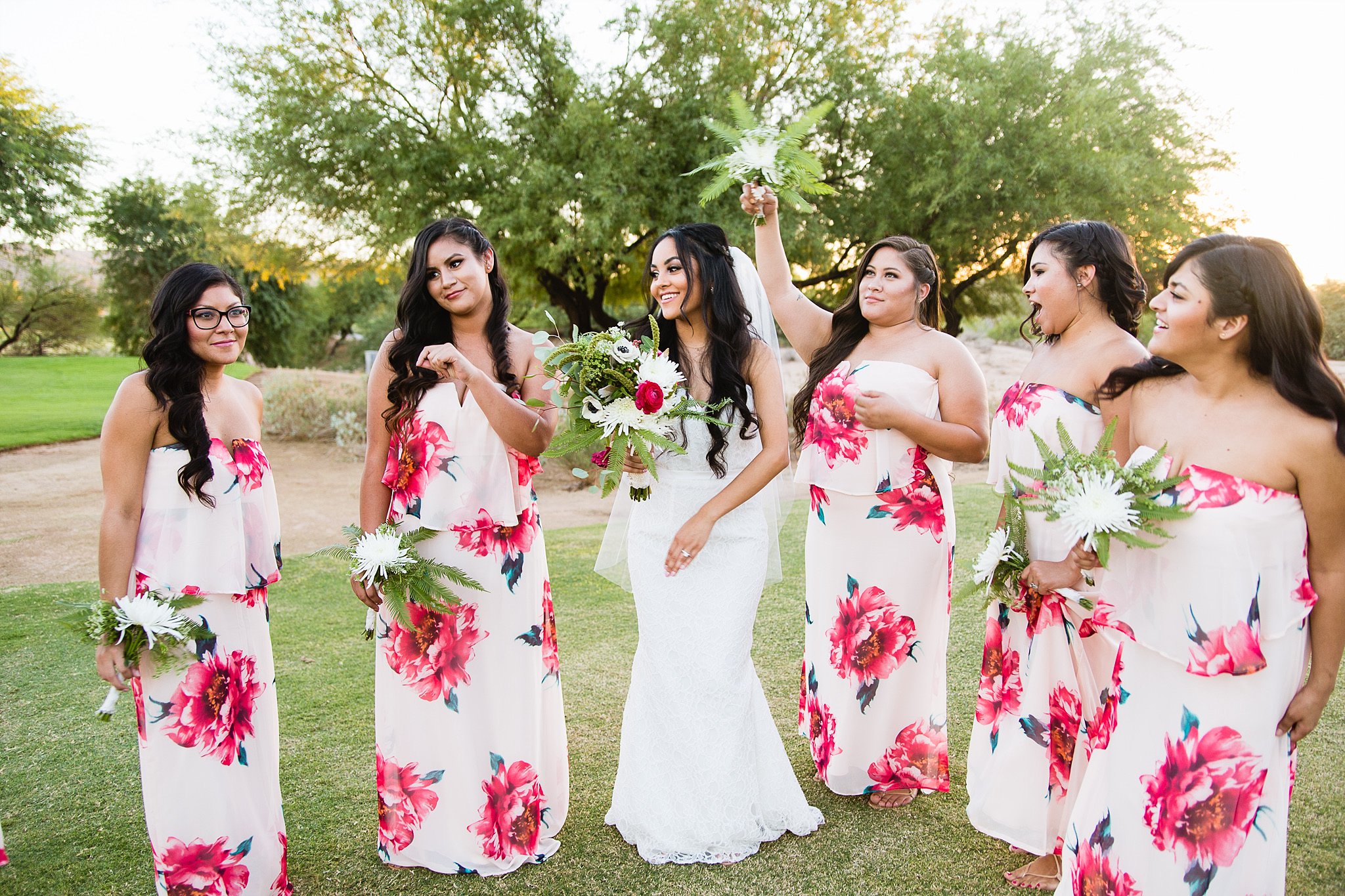 Boho bridesmaids dancing to reception music at Legacy Golf Resort in Phoenix, Arizona by PMA Photography