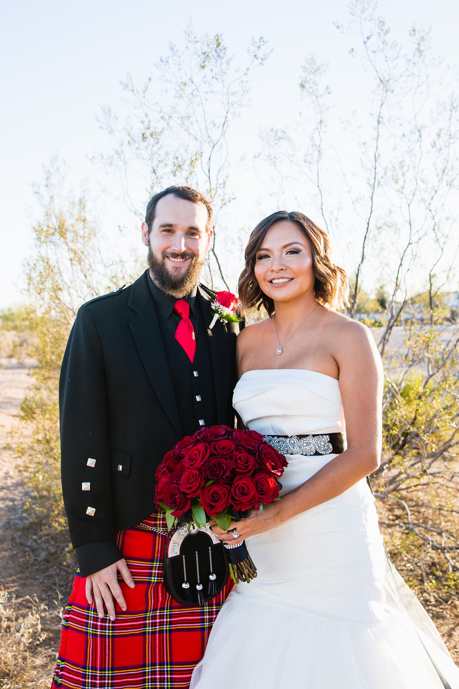 Native bride and groom in kilt on their wedding day by Arizona wedding photographer PMA Photography.