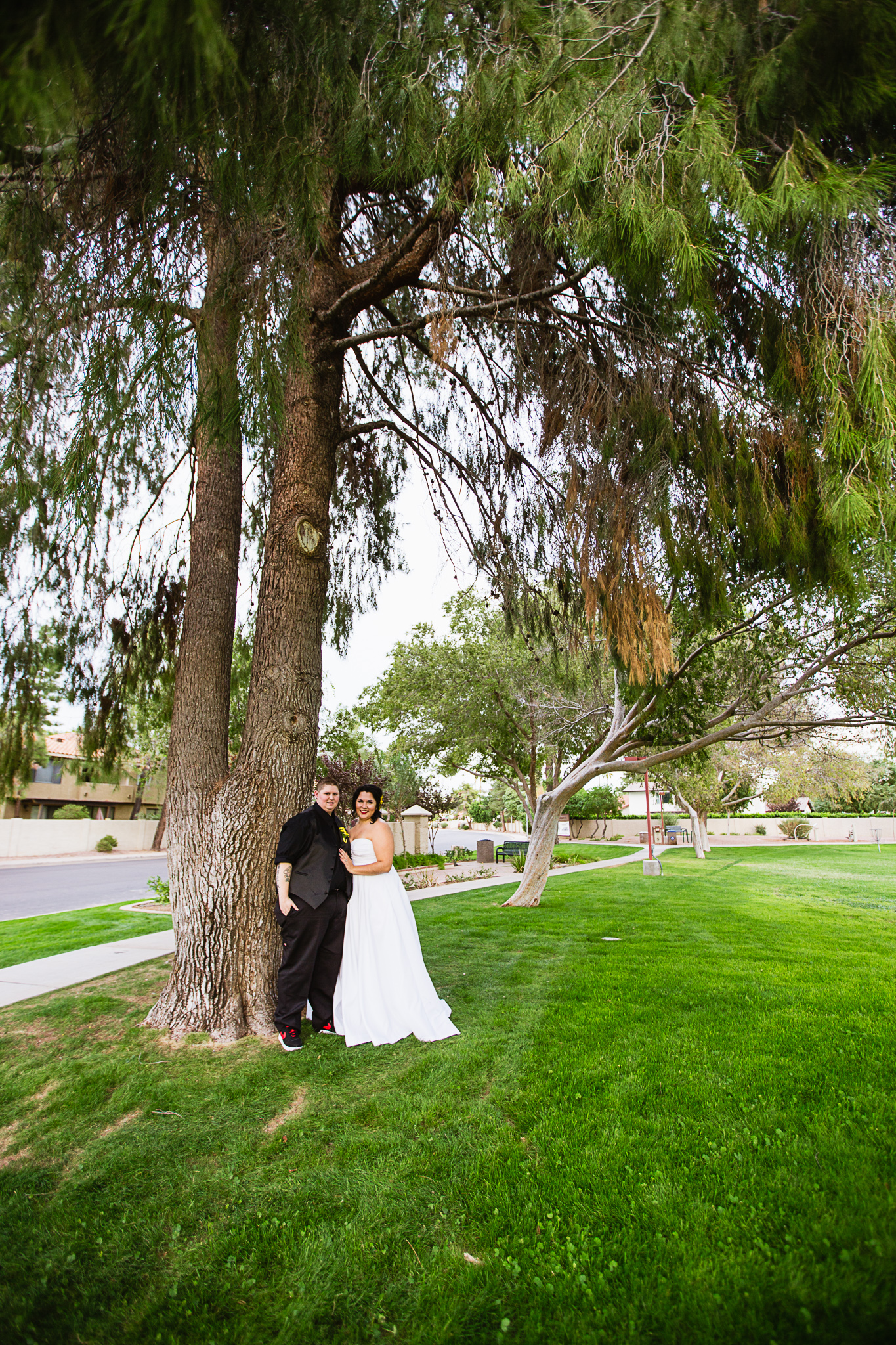 Brides leaning against a tree on their wedding day by LGBT friendly wedding photographer PMA Photography.