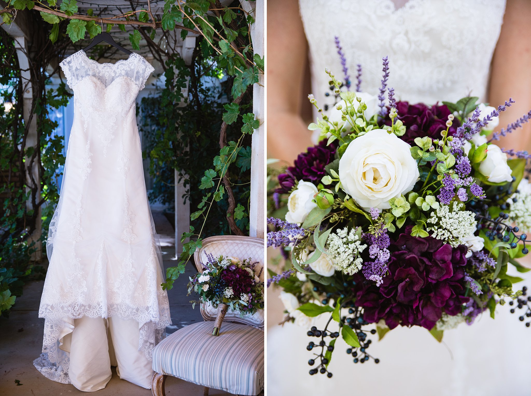 Bridal dress and purple bridal boquet