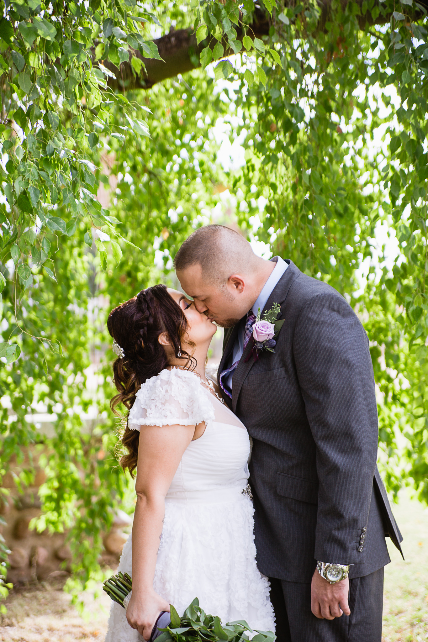 Bride and groom kissing in front of a dreamy cottonwood tree by Phoenix wedding photographer PMA Photography.