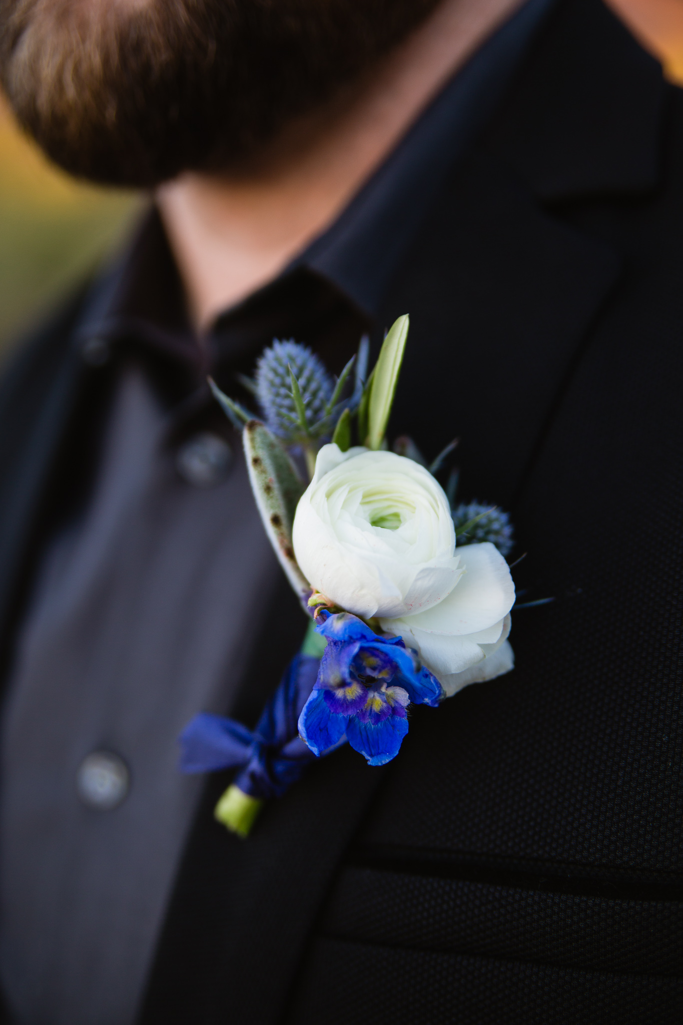 Bohemian Blue White and Sage groom wedding boutonniere.