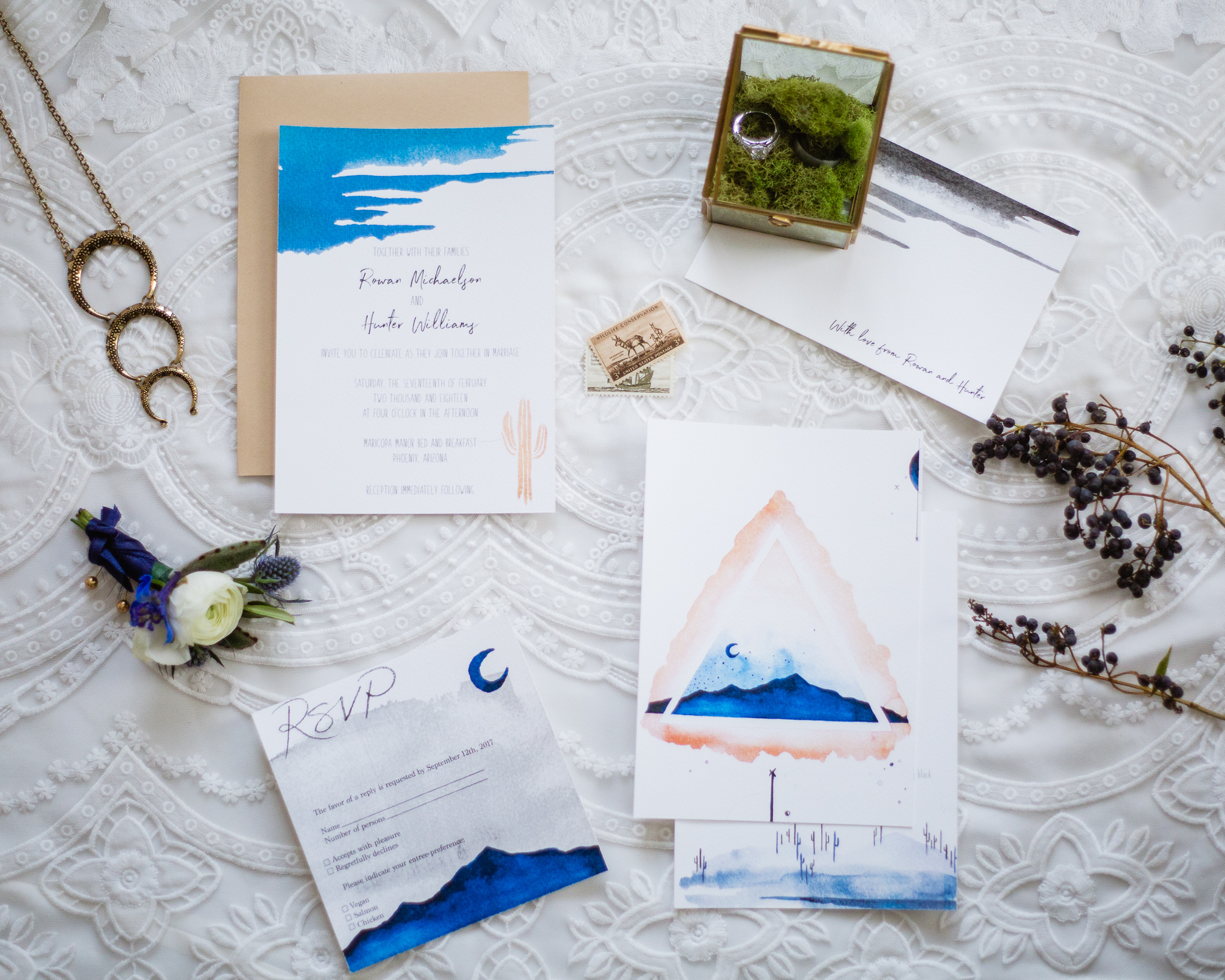 Withcy Boho blue mountain inspired wedding stationary/invitation suite by Paige Poppe
