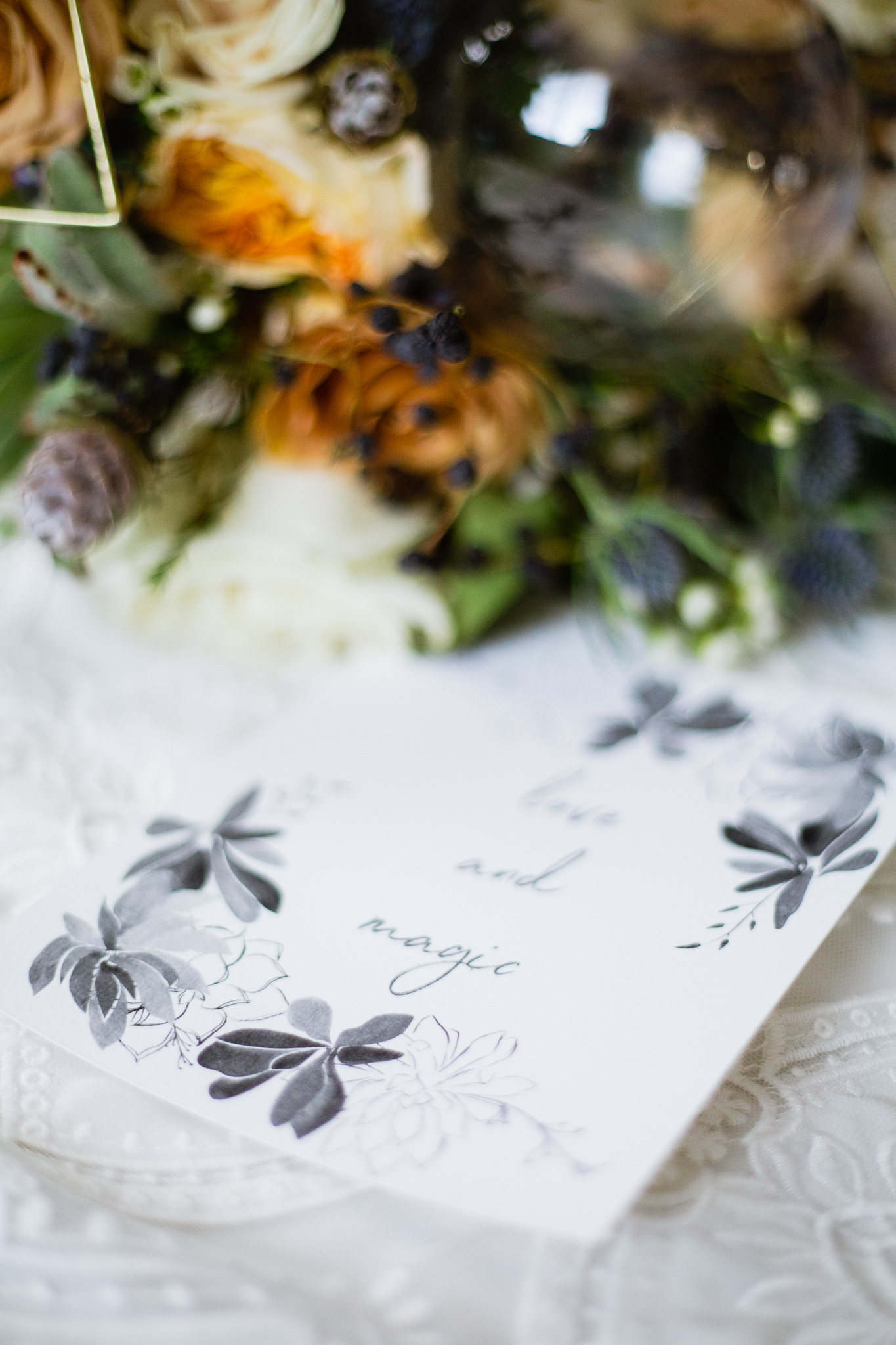 Love and Magic print with wedding invitation suite with bridal bouquet. 
