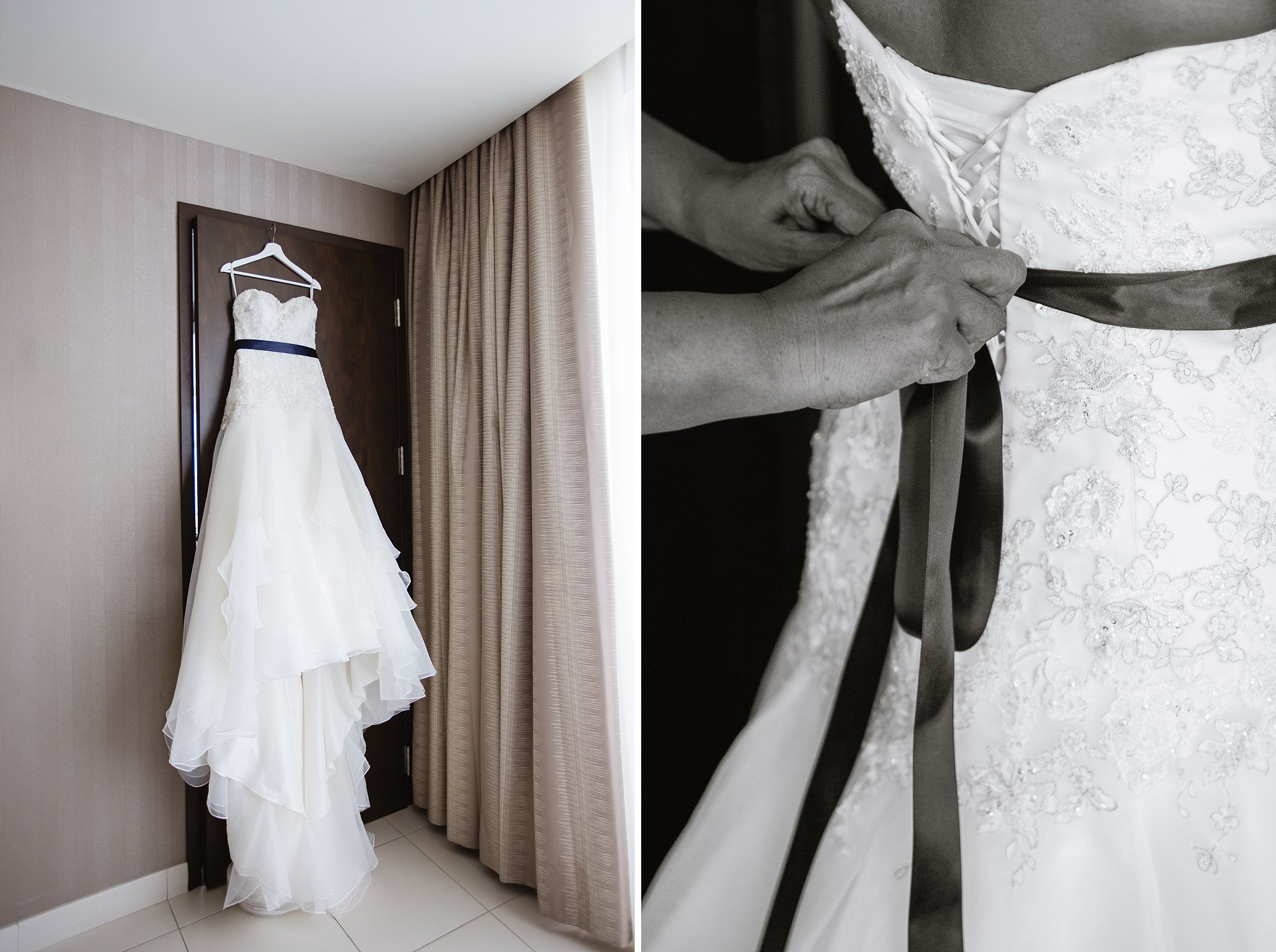 Image of brides dress hanging in hotel room paired with a black and white image of the brides mother tying her sash by wedding photographer PMA Photography.