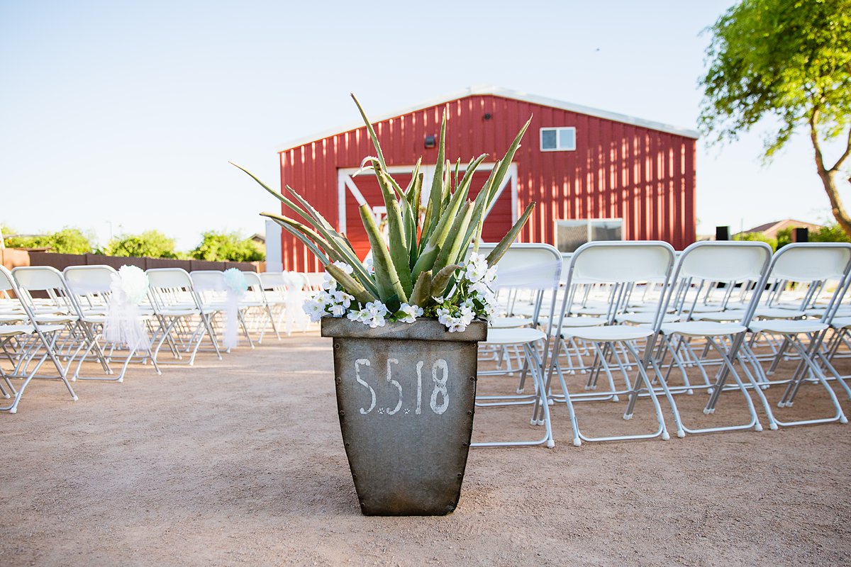 Planter decorated with the wedding date at a DIY Backyard wedding by Arizona wedding photographer PMA Photography.