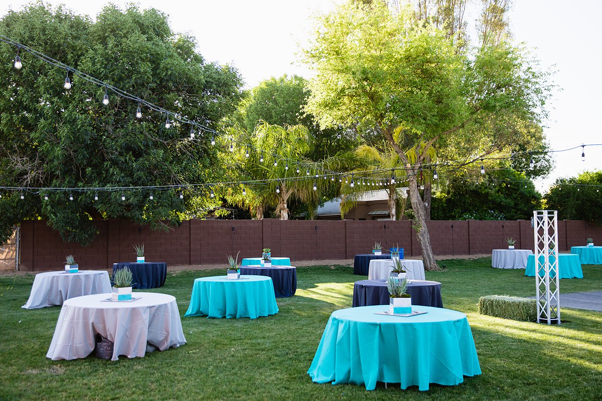 Grey, Navy, and Turquoise DIY backyard wedding reception by PMA Photography.