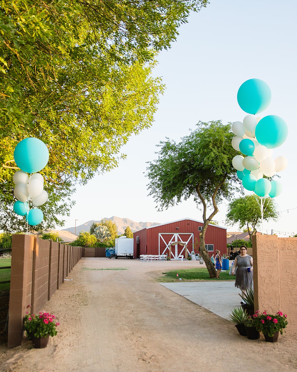 Ceremony area decorated with balloons at a DIY Backyard wedding by PMA Photography.