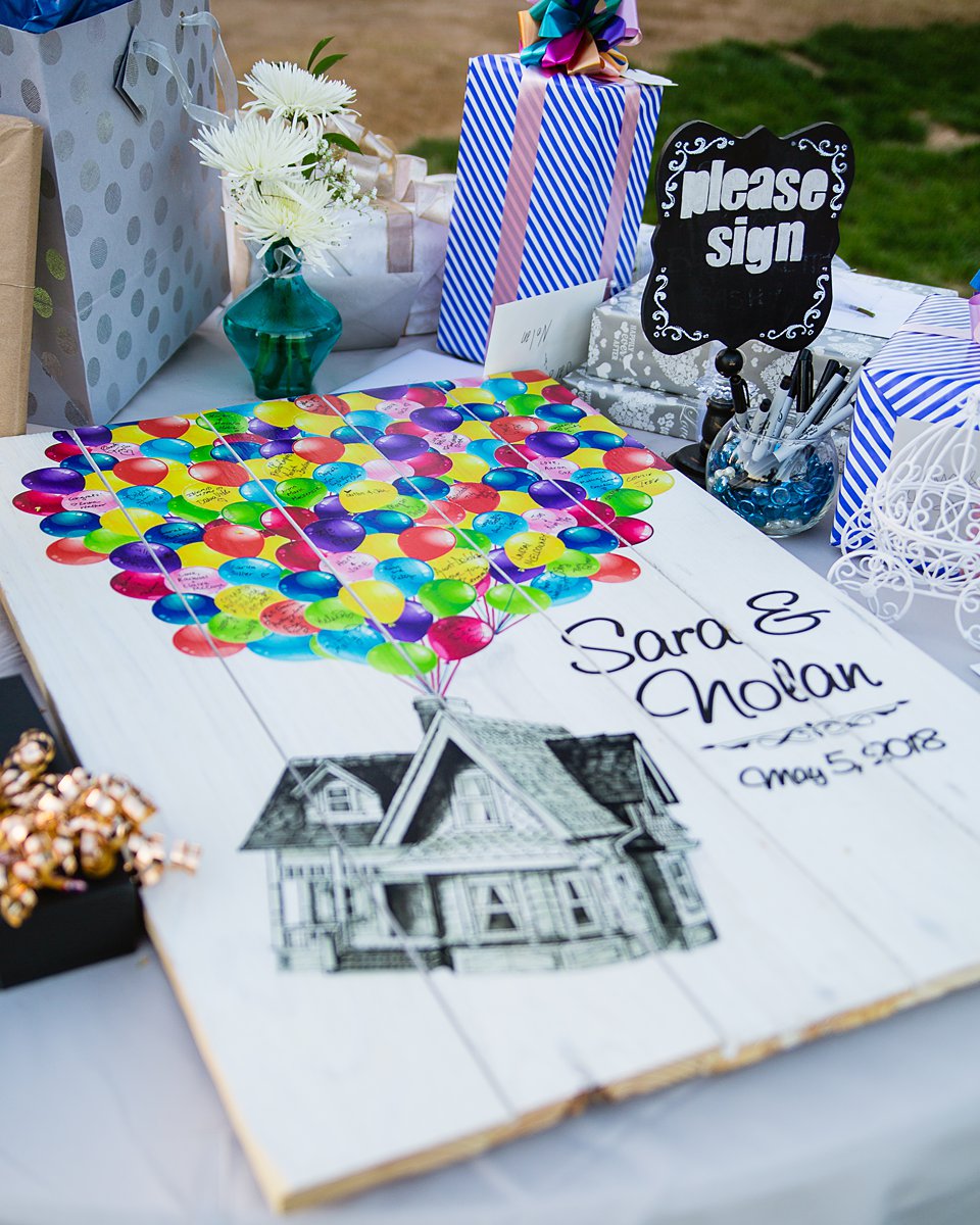 Disney's Up themed guest book at a wedding reception by PMA Photography.