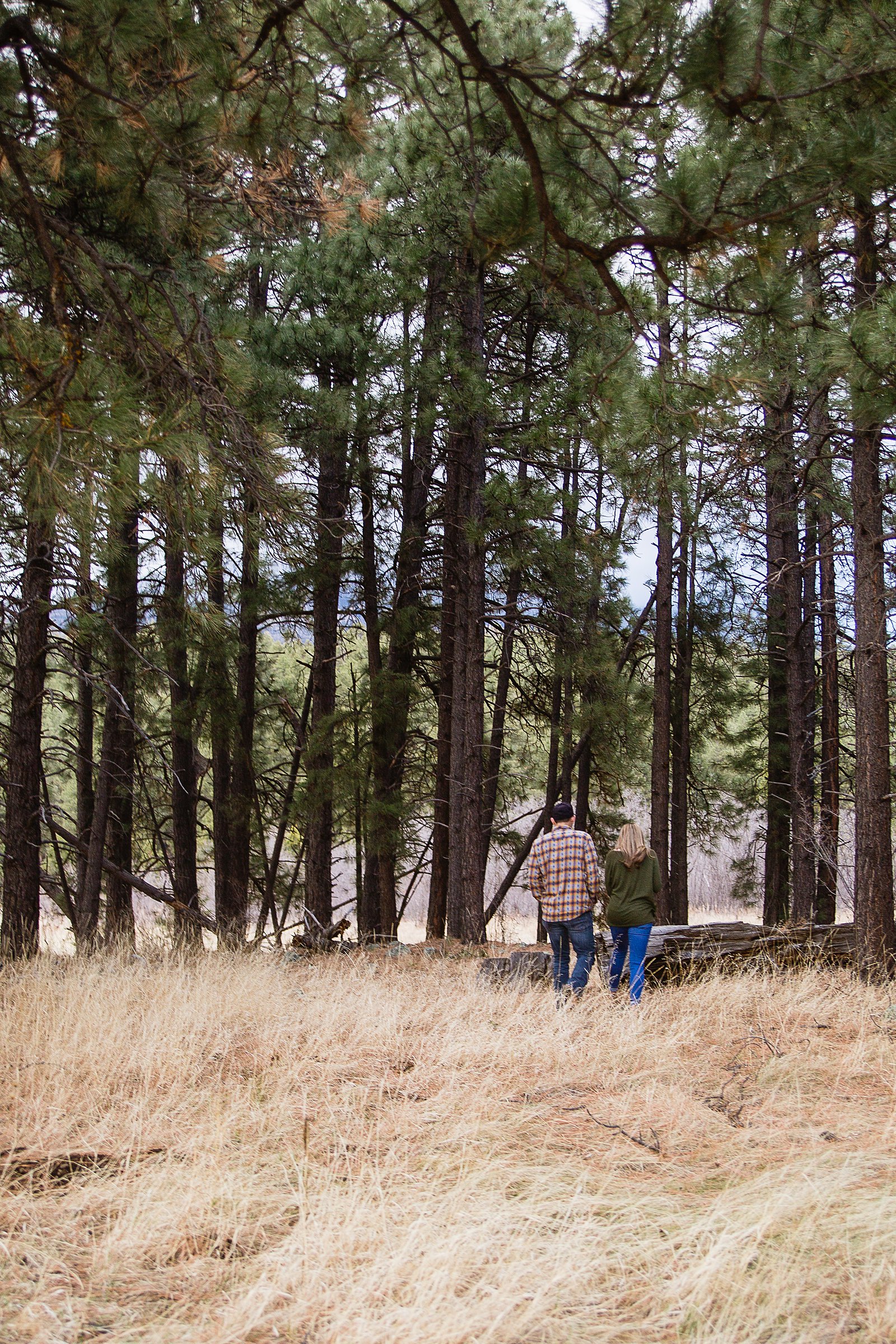Couple walking together through the woods during their Flagstaff engagement session.