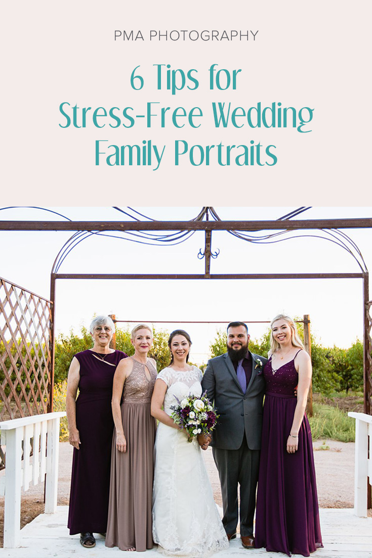 Wedding planning tips: 6 tips for stress-free wedding day family portraits by Arizona wedding photographer PMA Photography.