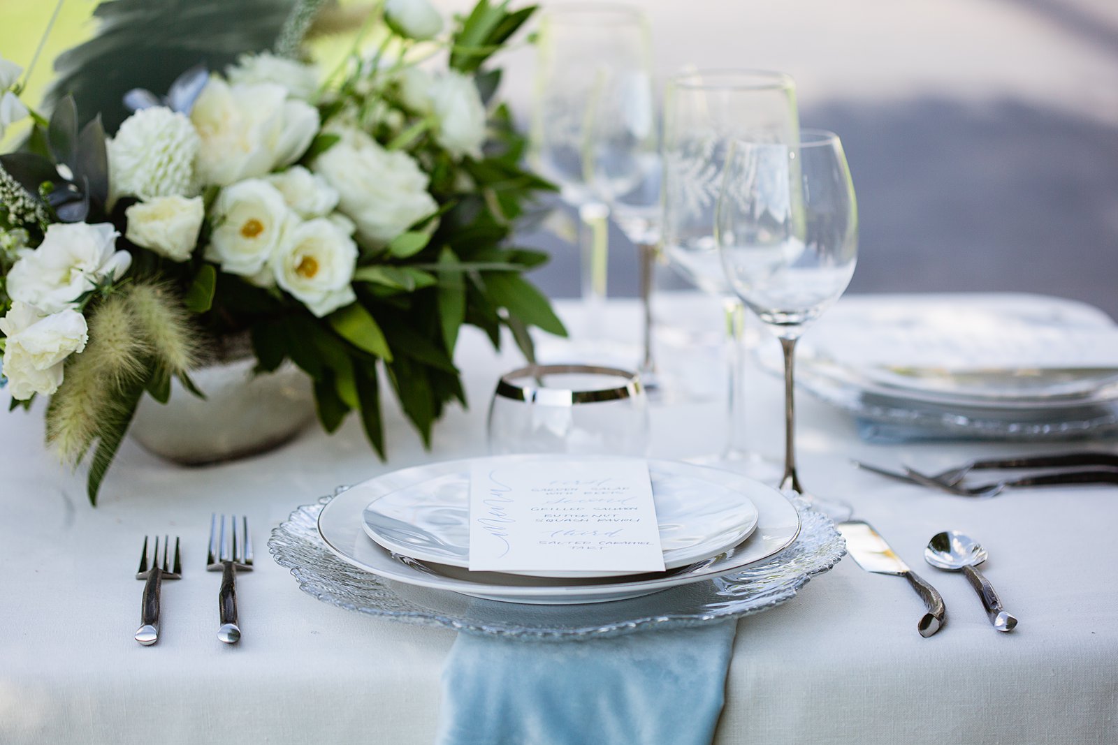Wedding reception table place setting at Gather Estate by Arizona wedding photographer PMA Photography.