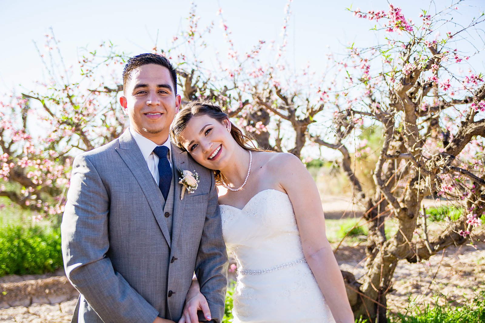 Bride and groom pose for their Schnepf Farms wedding by Queen Creek wedding photographer PMA Photography.