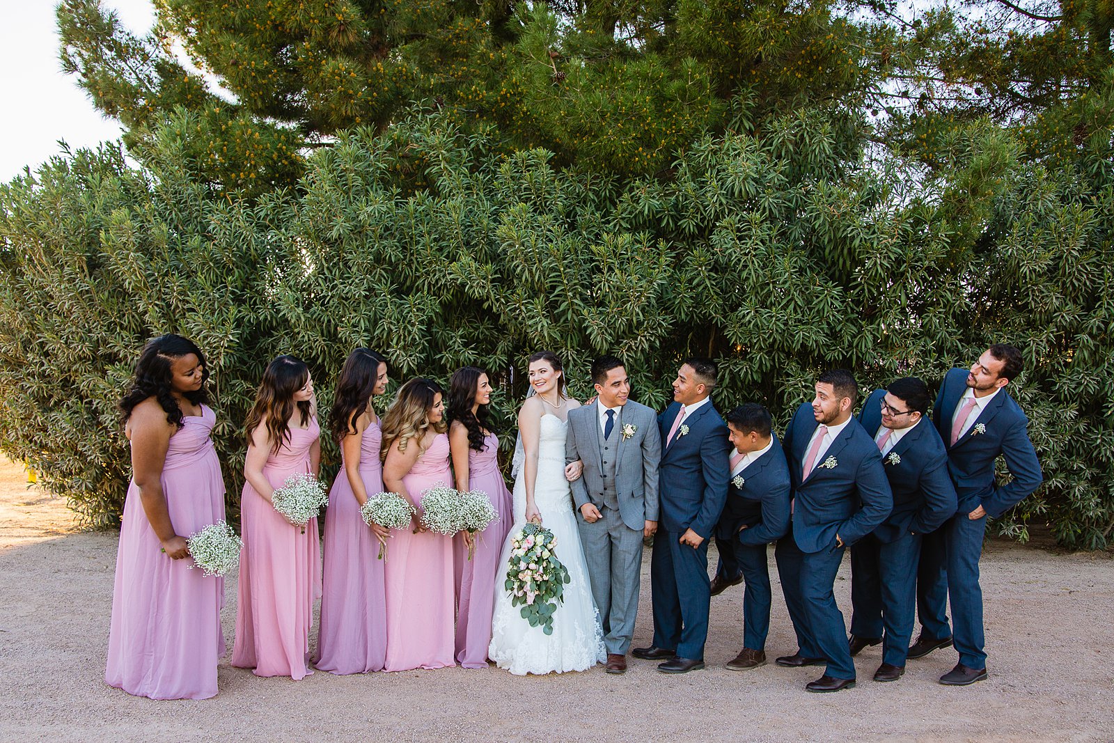 Bridal party having fun together at Schnepf Farms weding by Arizona wedding photographer PMA Photography.