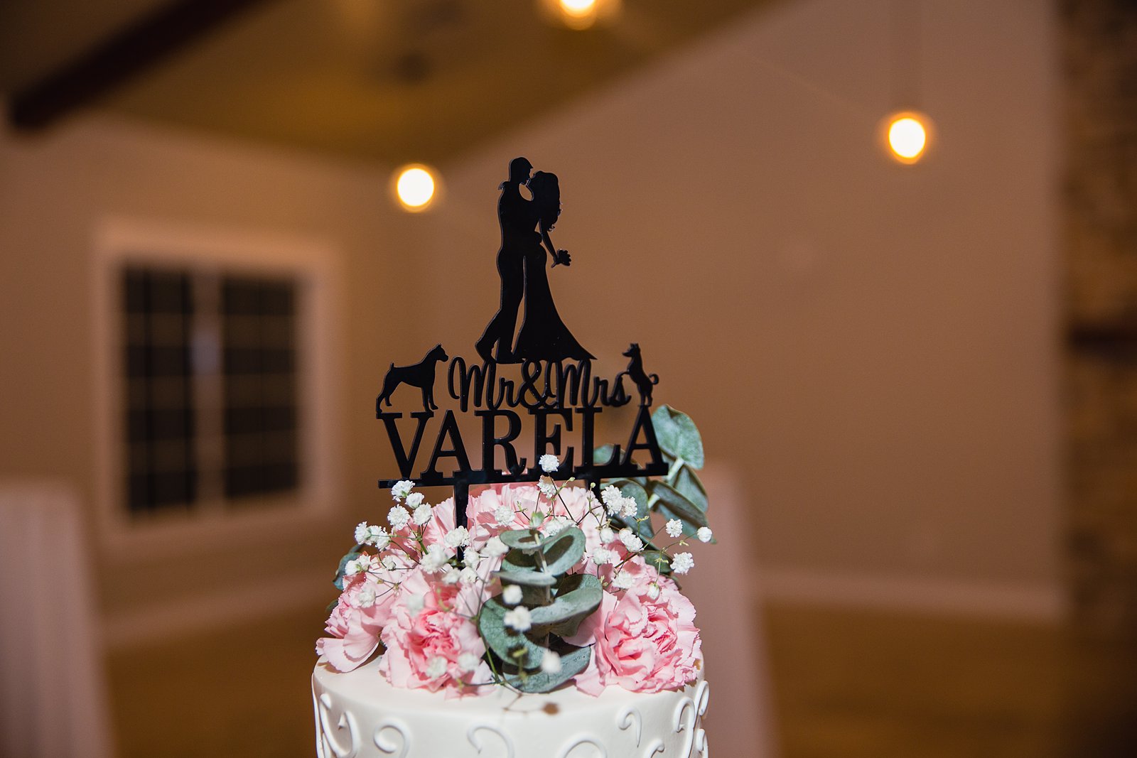 Wedding cake topper at Schnepf Farms wedding reception by Arizona wedding photographer PMA Photography.