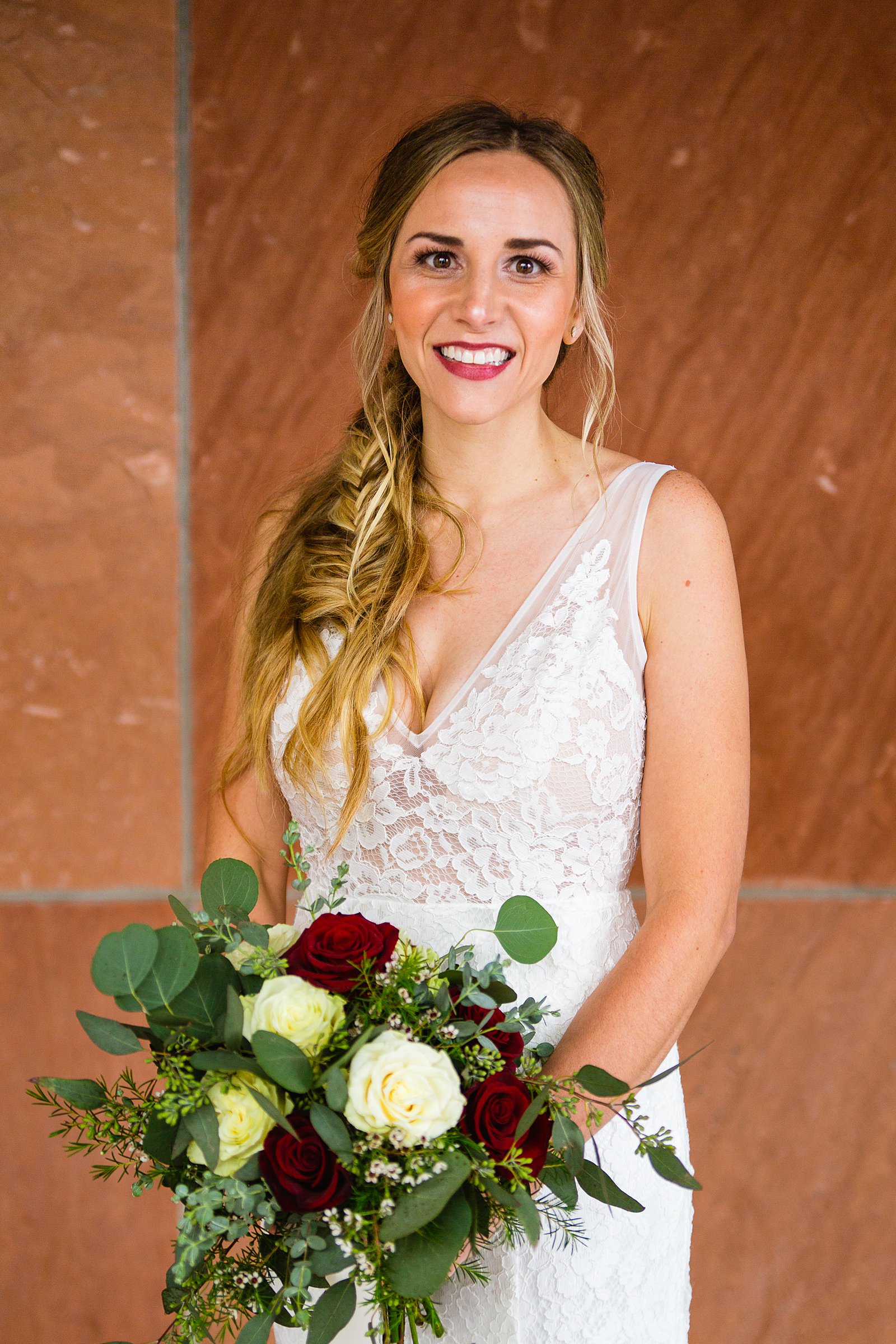 Bride's simple lace wedding dress for her Flagstaff Courthouse wedding by PMA Photography.
