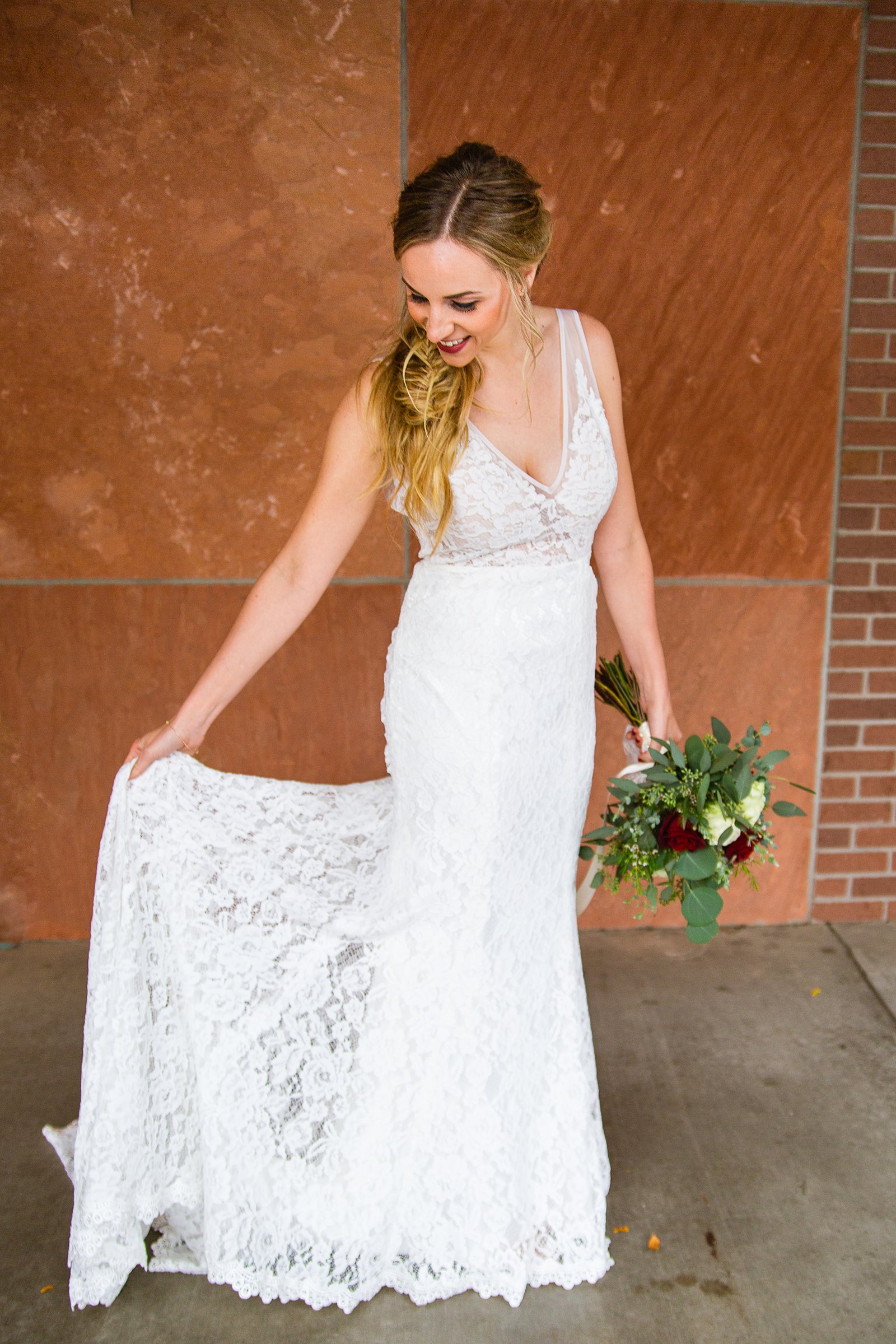 Bride's simple lace mermaide wedding dress for her Flagstaff Courthouse wedding by PMA Photography.