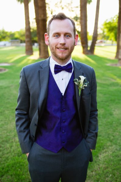 Groom's purple and grey suit for his Encanto Park wedding by PMA Photography.