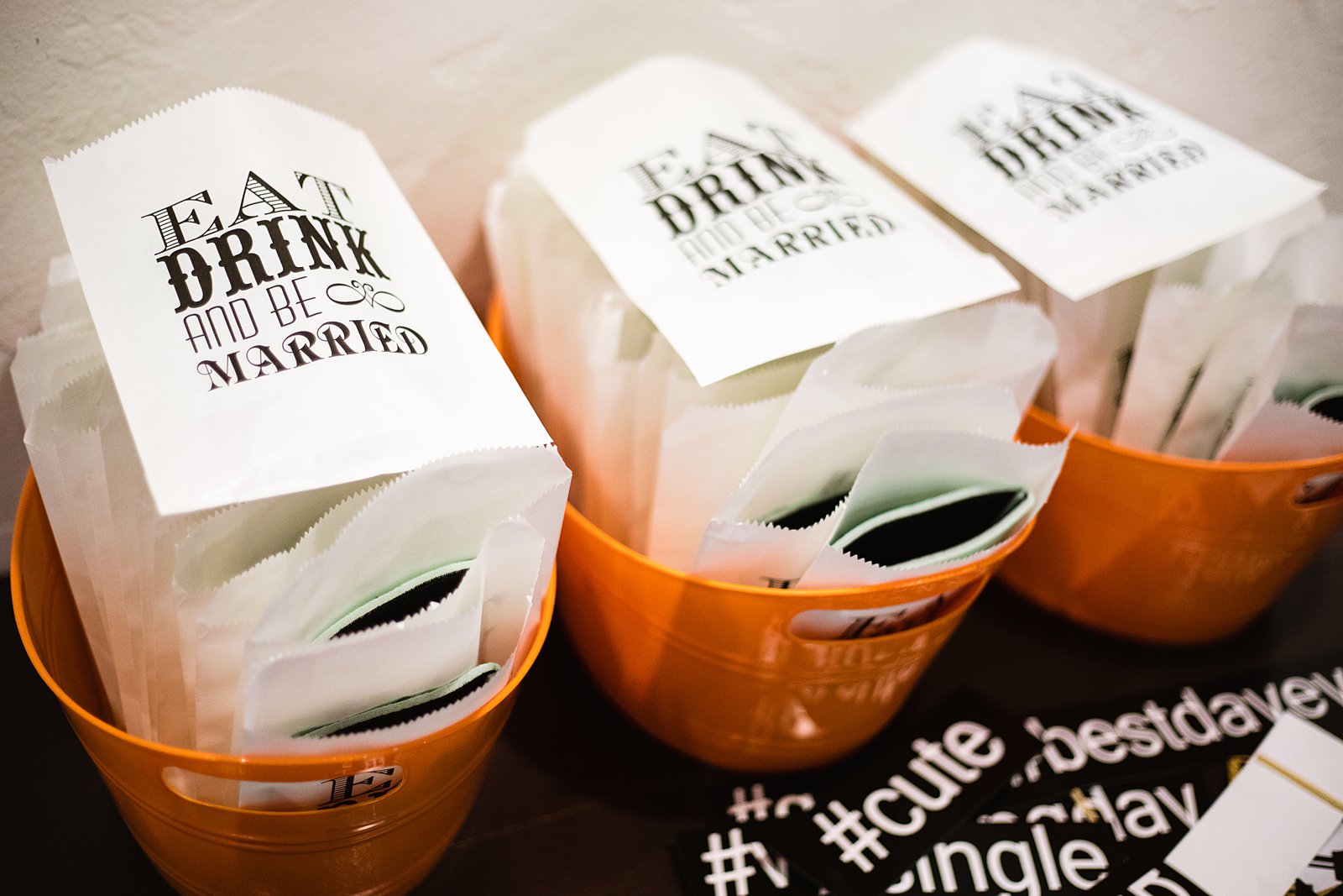 Eat, Drink, and be Married coozie wedding favor bags by Arizona wedding photographer PMA Photography.