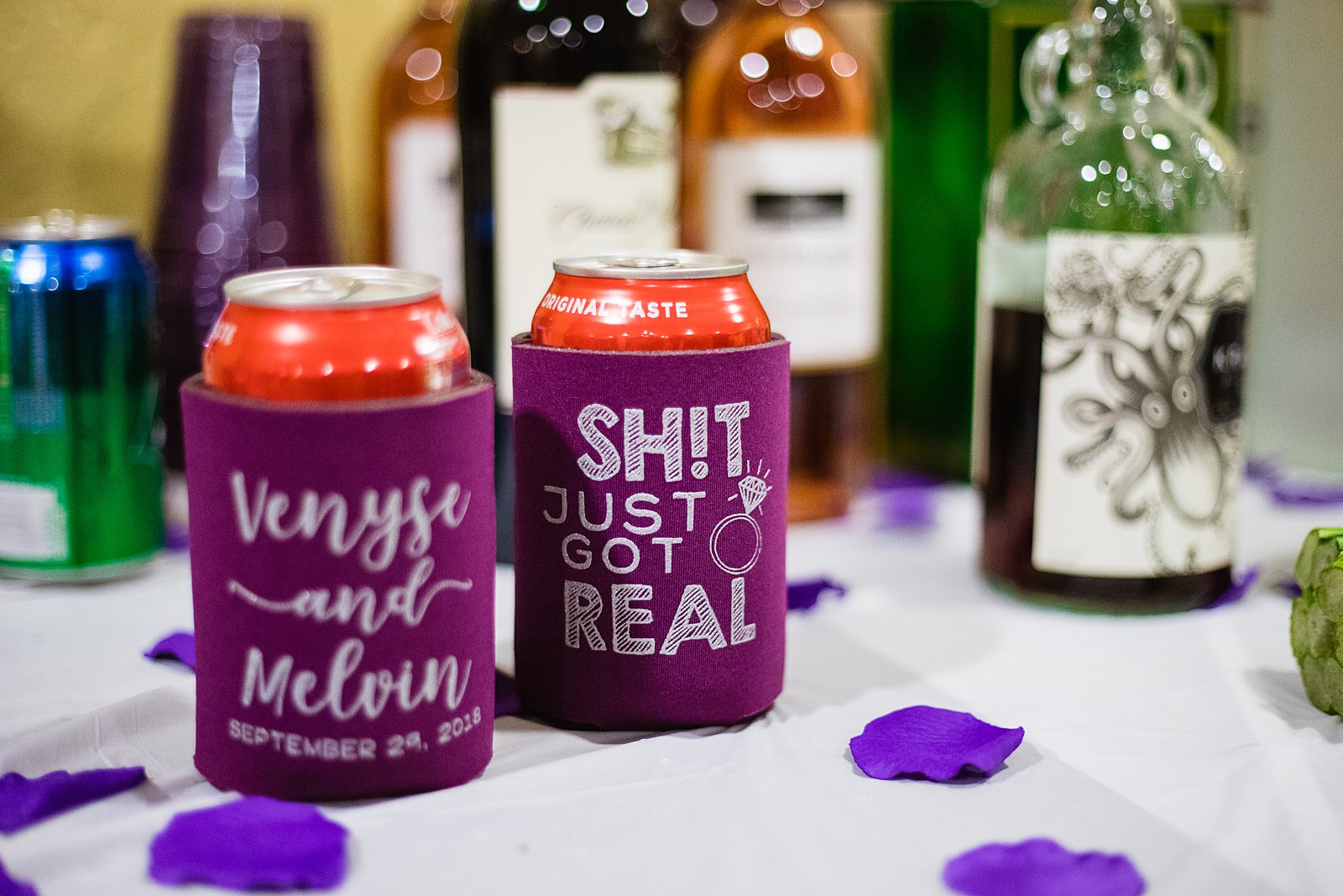 Shit just got real wedding favor koozies by Phoenix wedding photographer by PMA Photography.