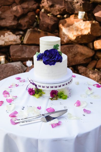 Cake table at L'Auberge de Sedona wedding reception by Arizona wedding photographer PMA Photography.