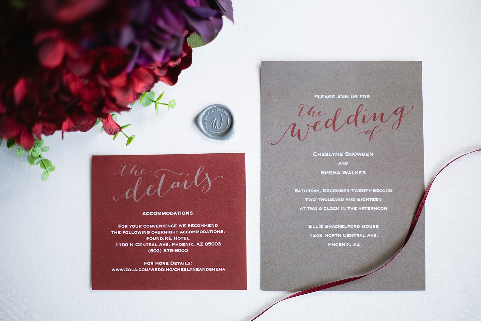Grey and burgundy wedding invitations by PMA Photography.