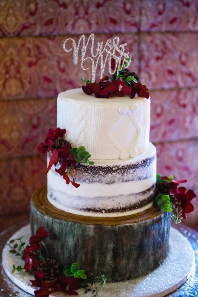 Rustic winter same sex wedding cake by PMA Photography.