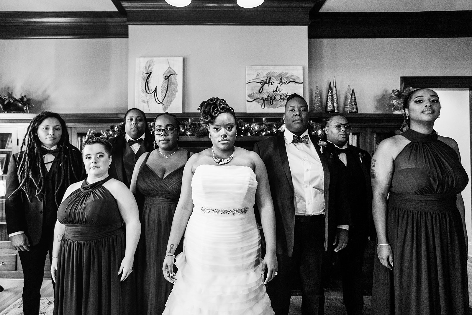 Wedding party together a'la Beyonce vibes at a Ellis-Shackelford House wedding by Arizona wedding photographer PMA Photography.