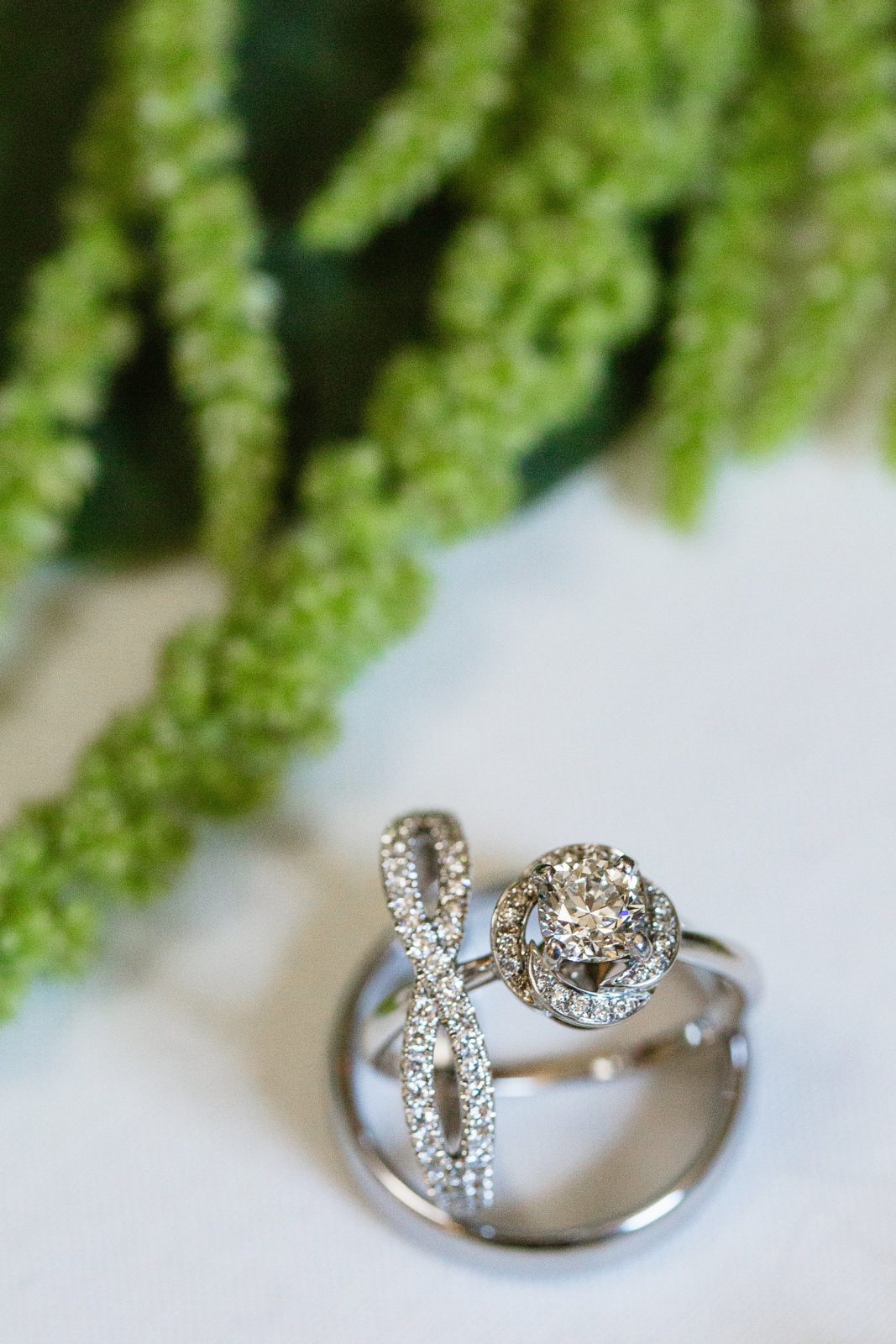 Garden inspired white gold and diamond wedding ring and bands by PMA Photography.
