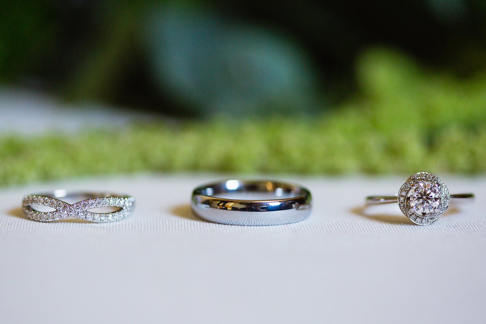 White gold and diamond garden inspired wedding band set by PMA Photography.