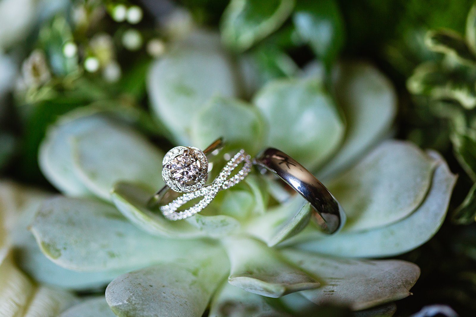 White gold and diamond garden inspired wedding band set by PMA Photography.