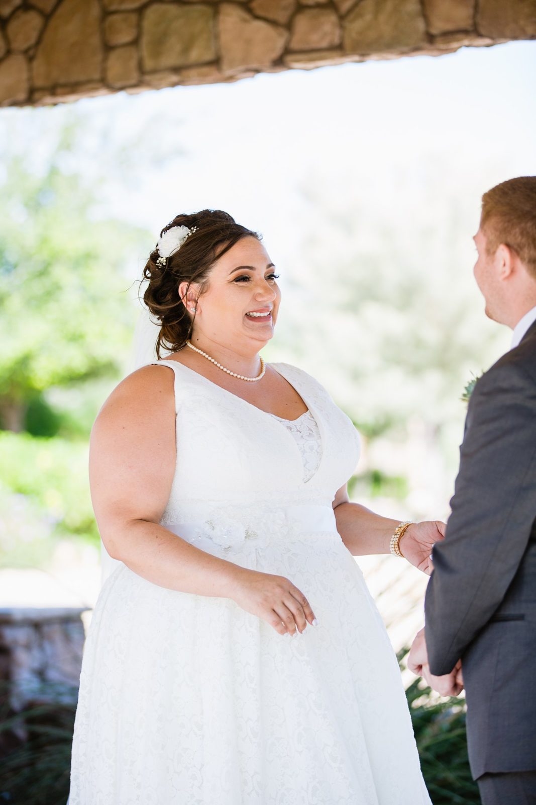 Bride and Groom's first look at Superstition Manor by Arizona wedding photographer PMA Photography.