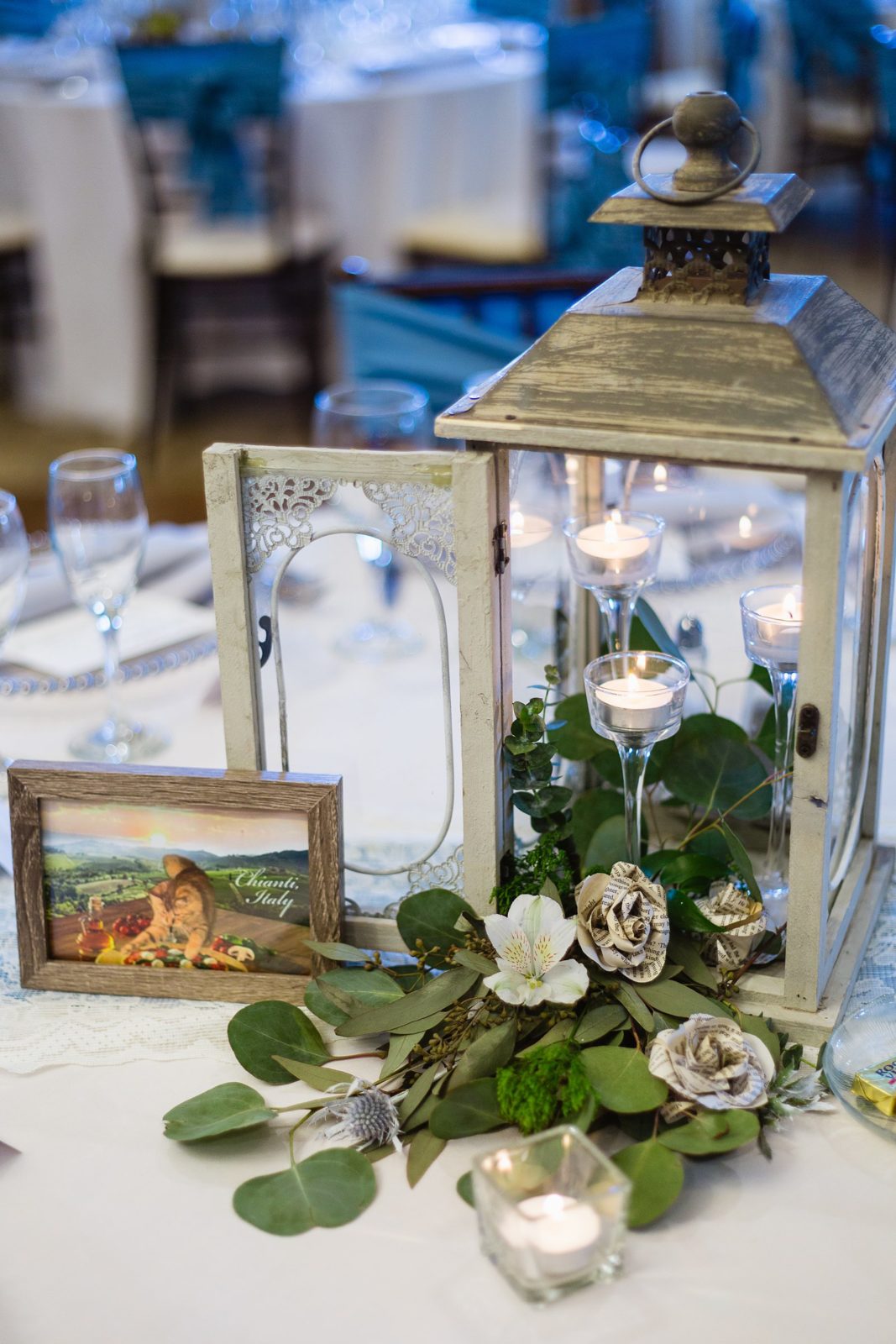 Garden inspired lantern centerpieces at Superstition Manor wedding reception by Mesa wedding photographer PMA Photography.