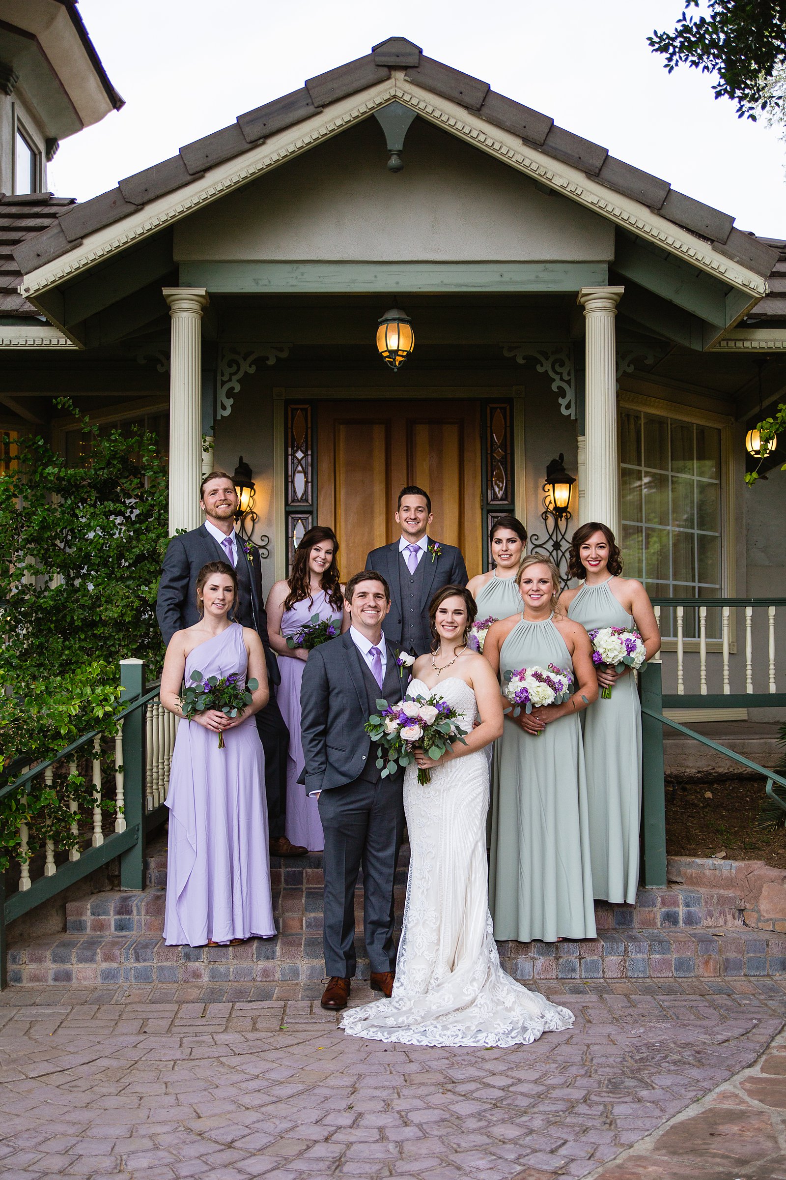 Mixed gender bridal party together at a The Wright House wedding by Arizona wedding photographer PMA Photography.