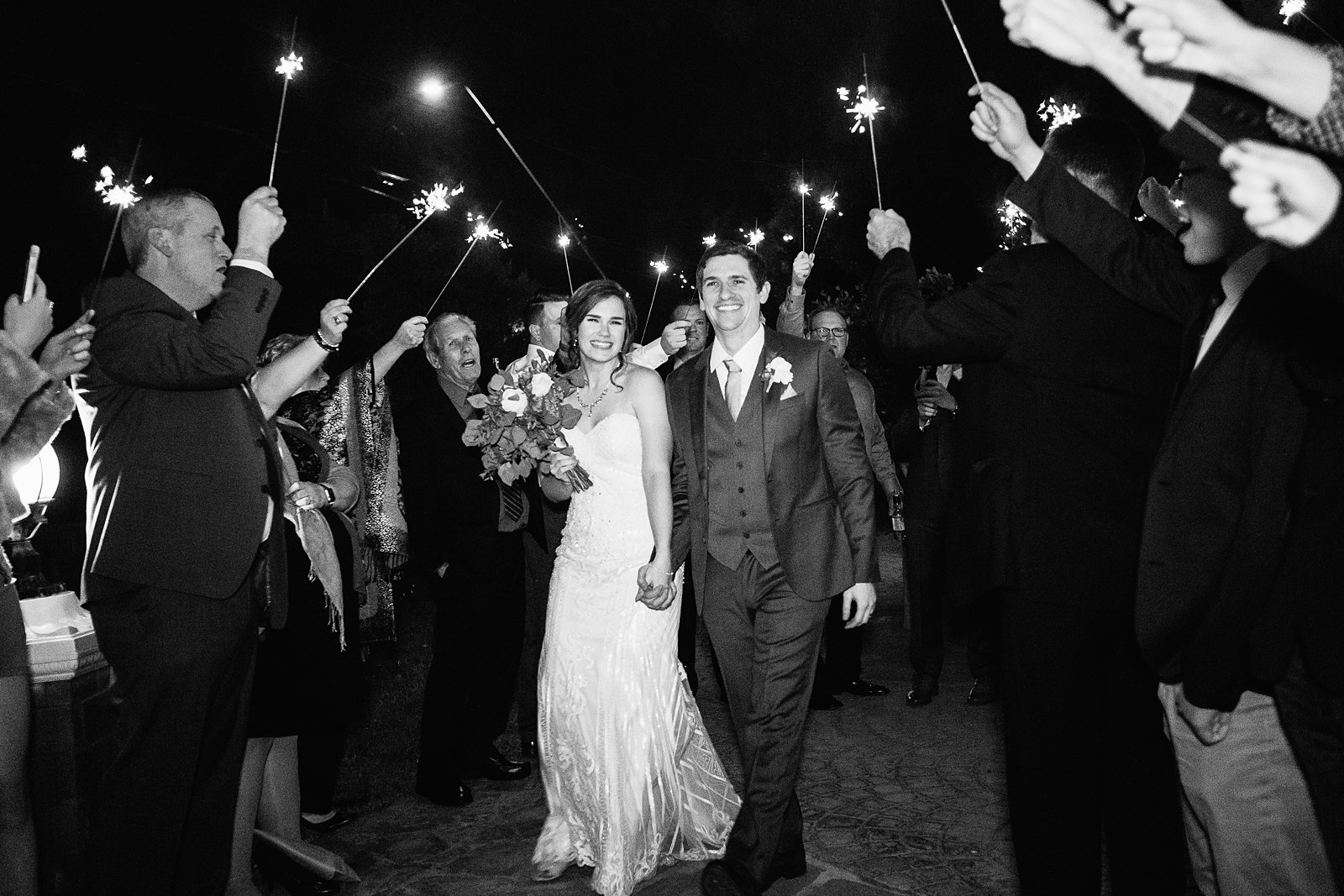 Sparkler exit at The Wright House wedding reception by Arizona wedding photographer PMA Photography.