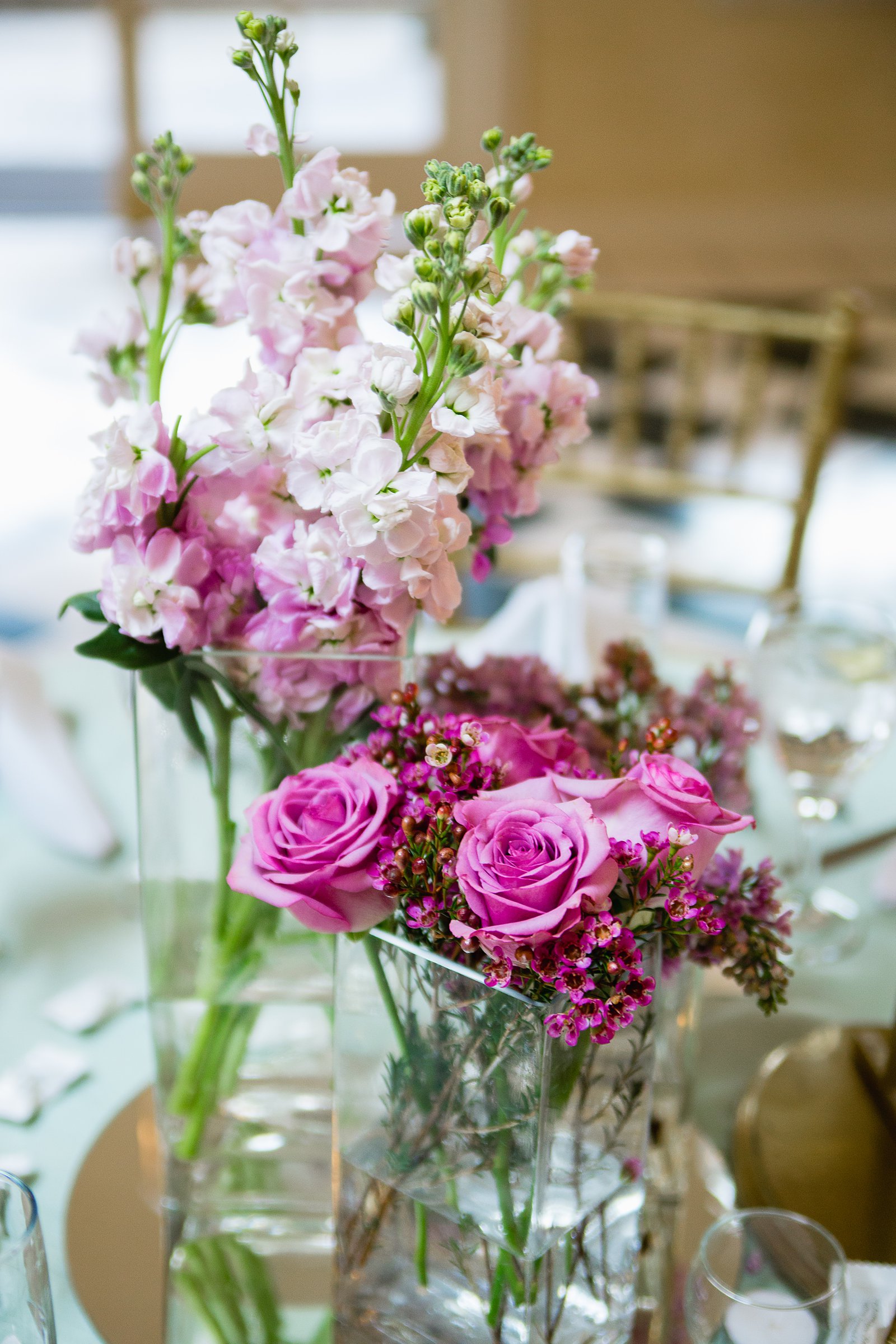 Simple purple garden inspired centerpieces at The Wright House wedding reception by Mesa wedding photographer PMA Photography.