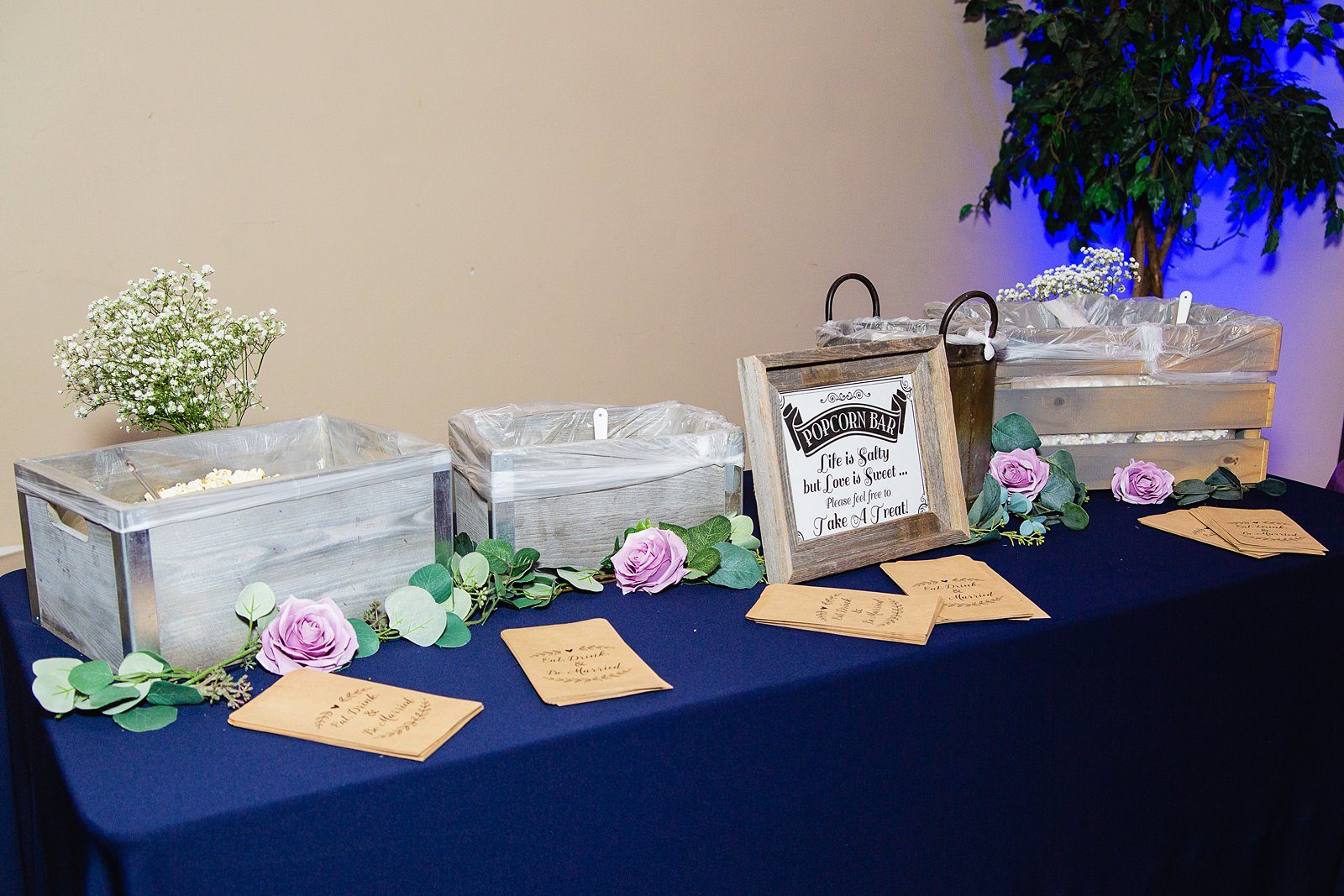 Late night snack popcorn bar at a Superstition Manor wedding reception by Mesa wedding photographer PMA Photography.