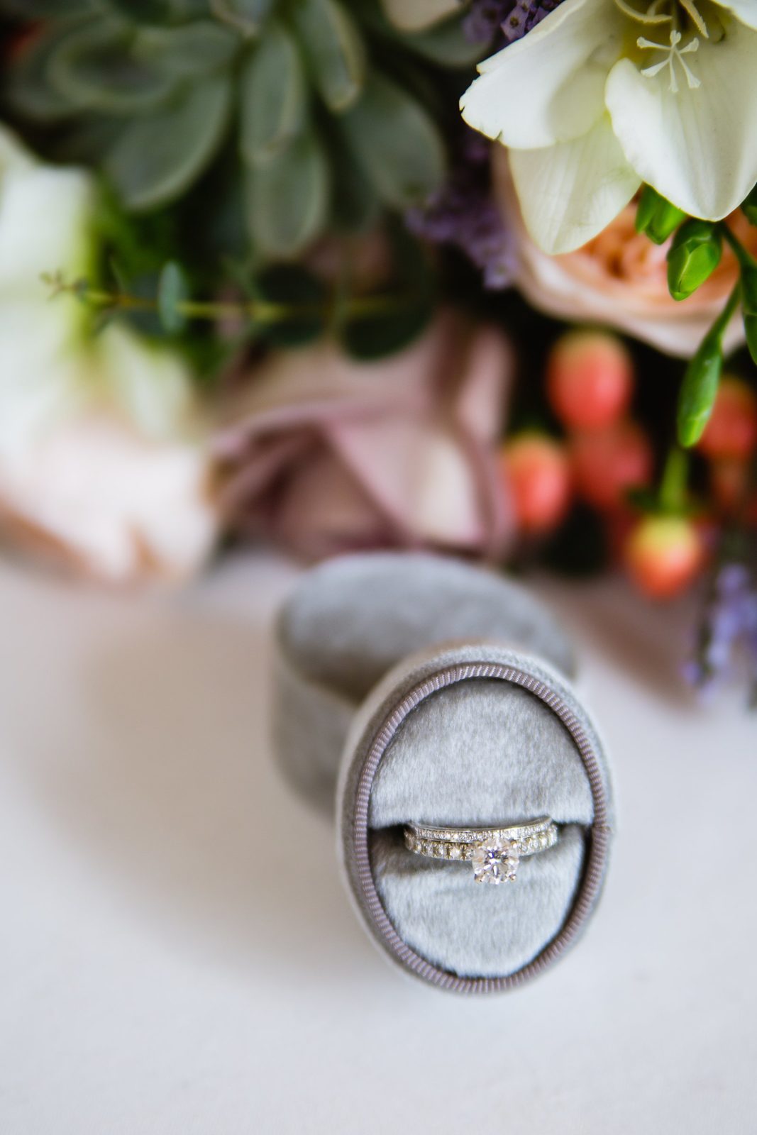 Classic white gold engagement ring and wedding band by PMA Photography.