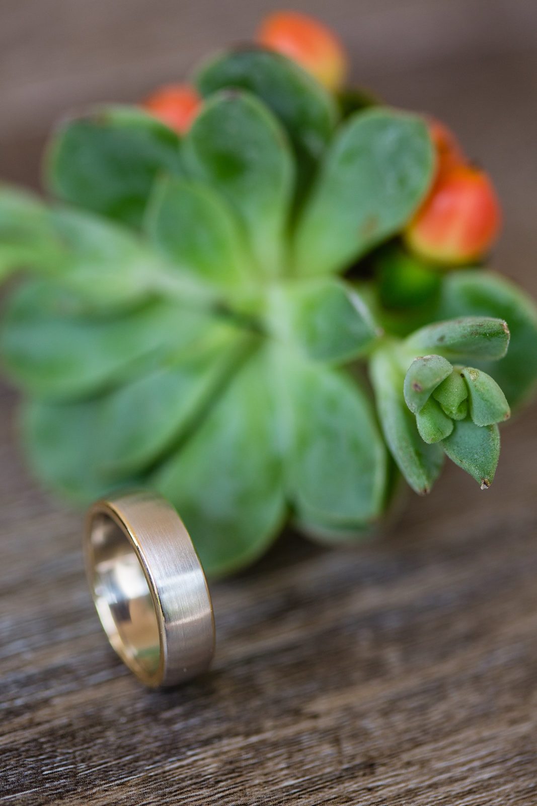 Men's unique white gold and yellow gold simple wedding band with succulent boutonniere by Scottsdale wedding photographer PMA Photography.