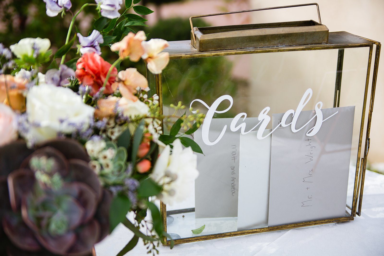 Vintage card box on gift table photographed by PMA Photography.