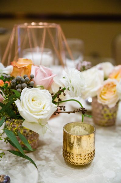 Romantic floral and vintage gold centerpieces by Bloom + Blueprint at The Scottsdale Resort at McCormick Ranch wedding reception by Scottsdale wedding photographer PMA Photography.