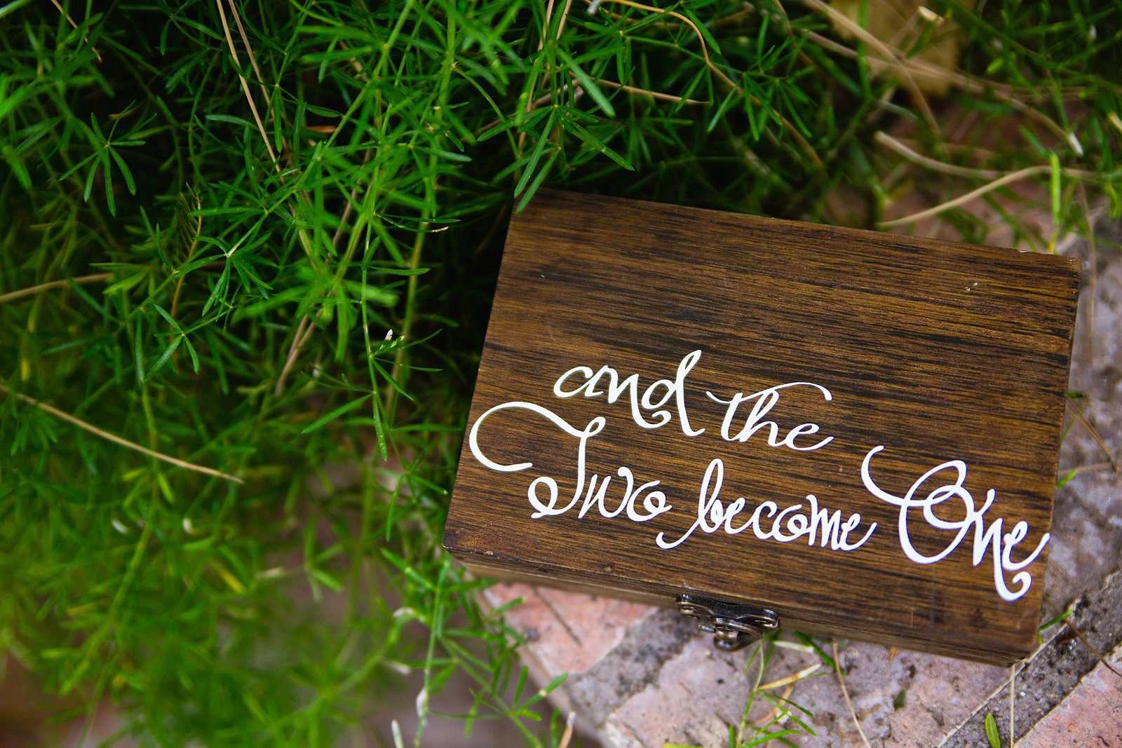 "And the two become one" rustic wood ring box in a garden by PMA Photography.